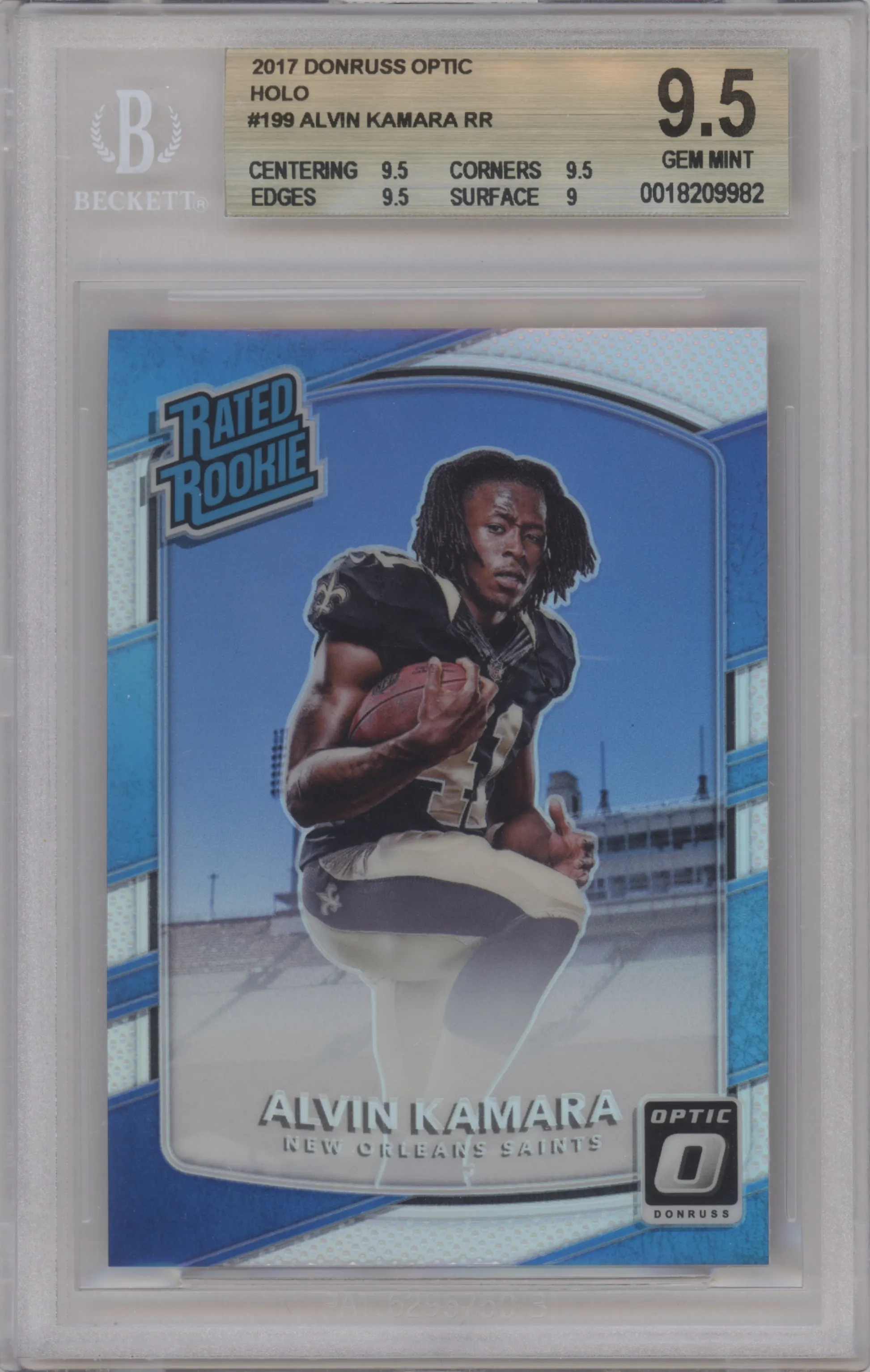 Alvin Kamara from the 2017 Panini Donruss Optic set featuring a Holo parallel graded by Beckett and given an overall grade of 9.5.