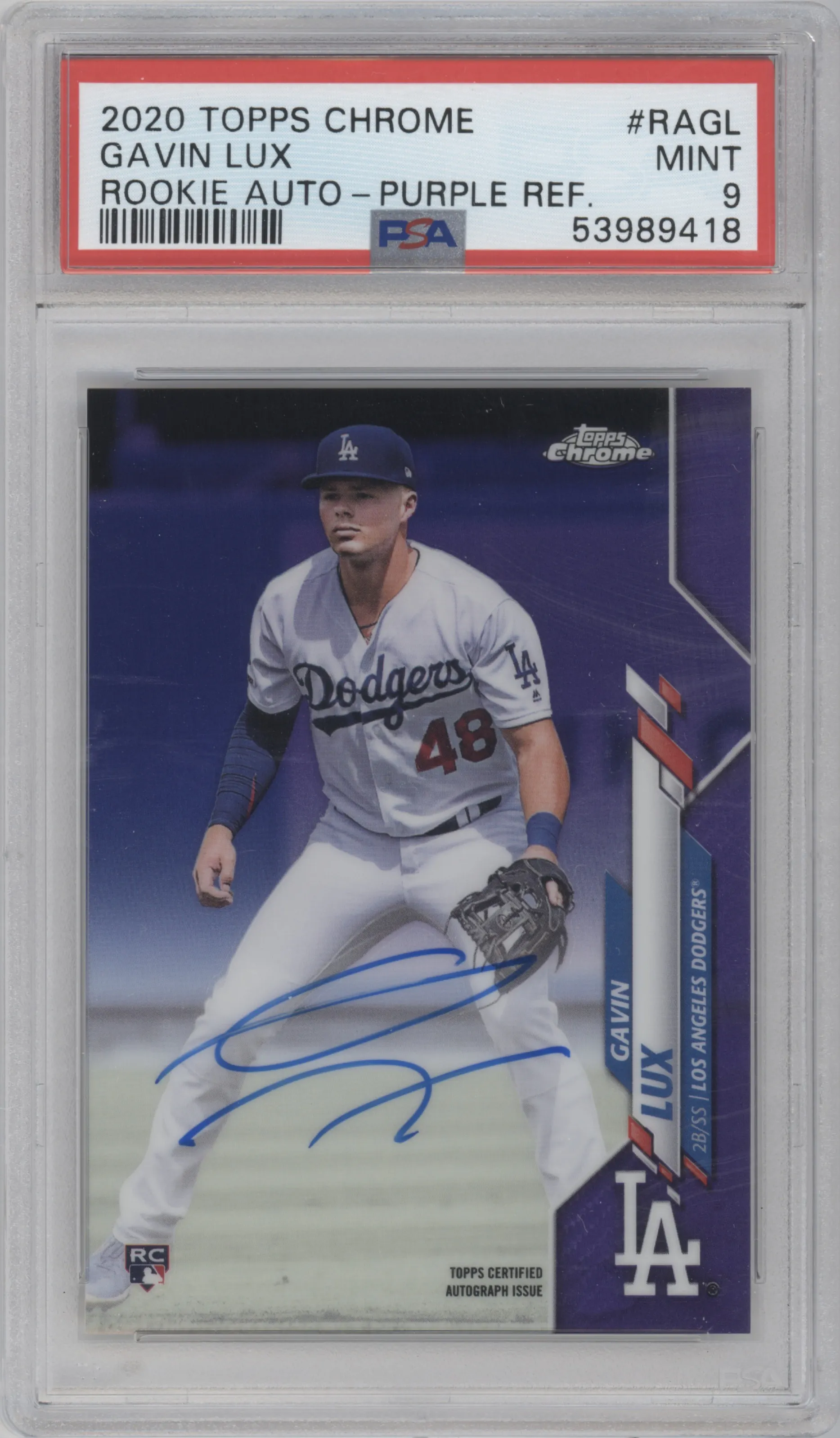 2020 Topps Chrome Rke.Auto Gavin Lux Purple Refractor PSA 9