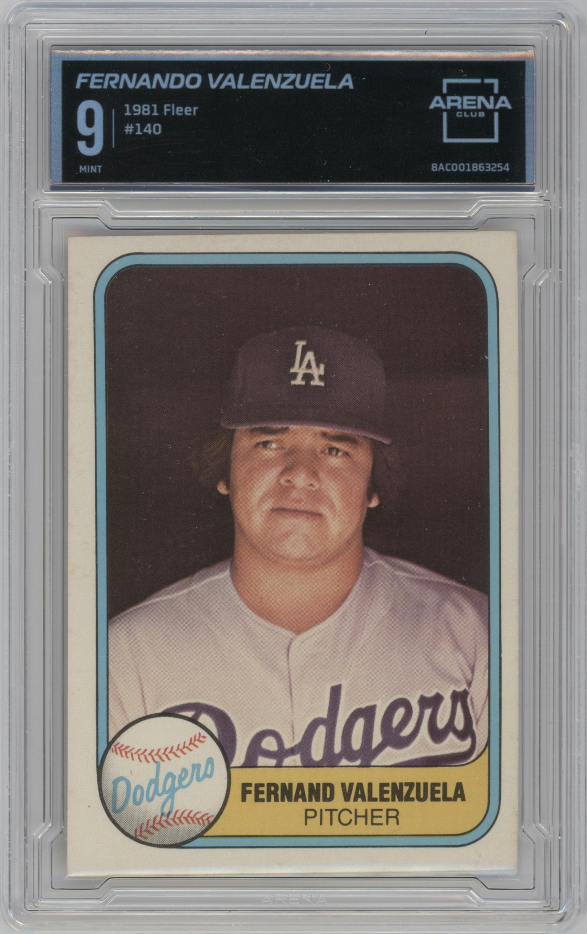 Fernando Valenzuela from the 1981 Fleer set graded by Arena Club and given an overall grade of 9.