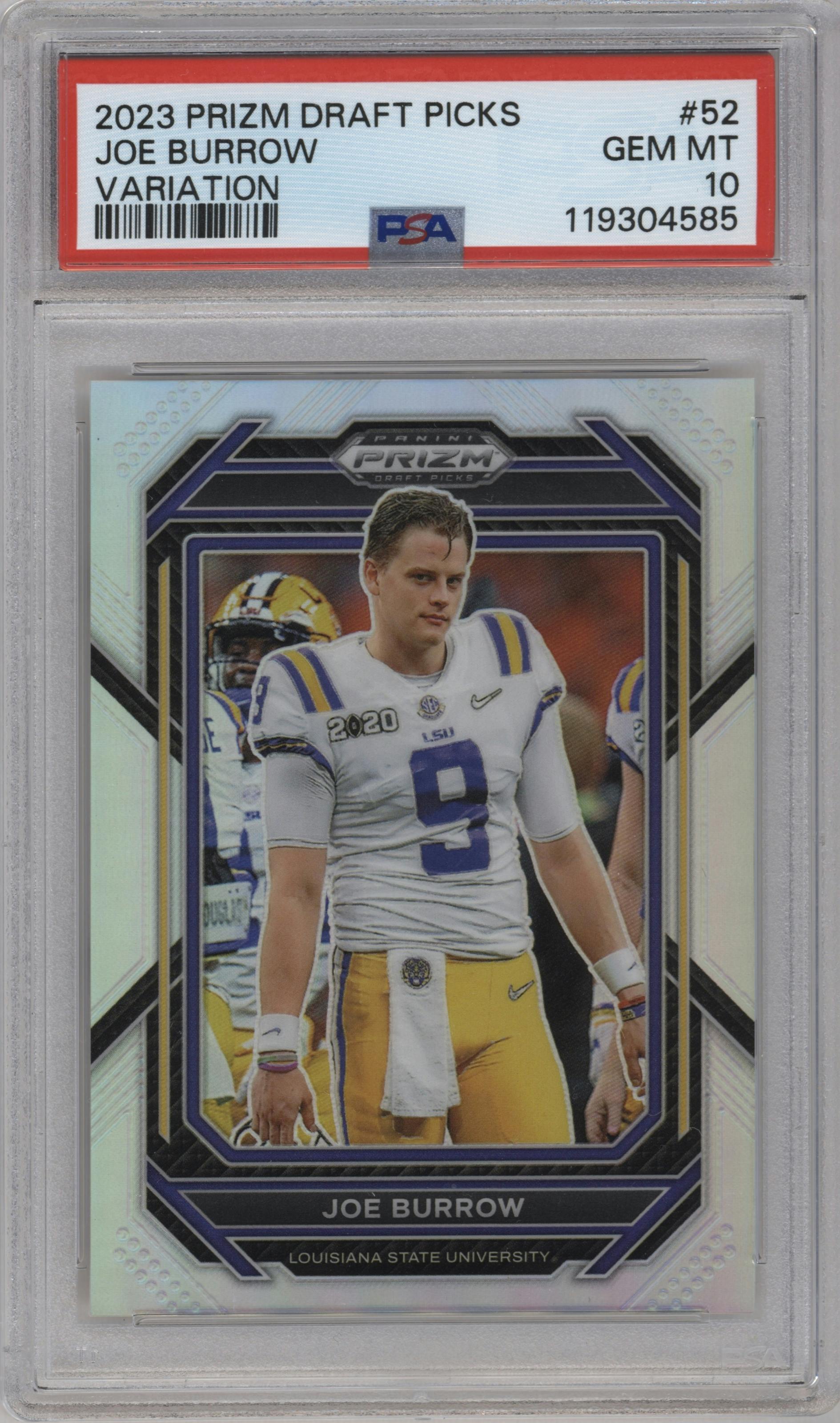 Joe Burrow from the 2023 Panini Prizm Draft Picks set graded by PSA and given an overall grade of 10.
