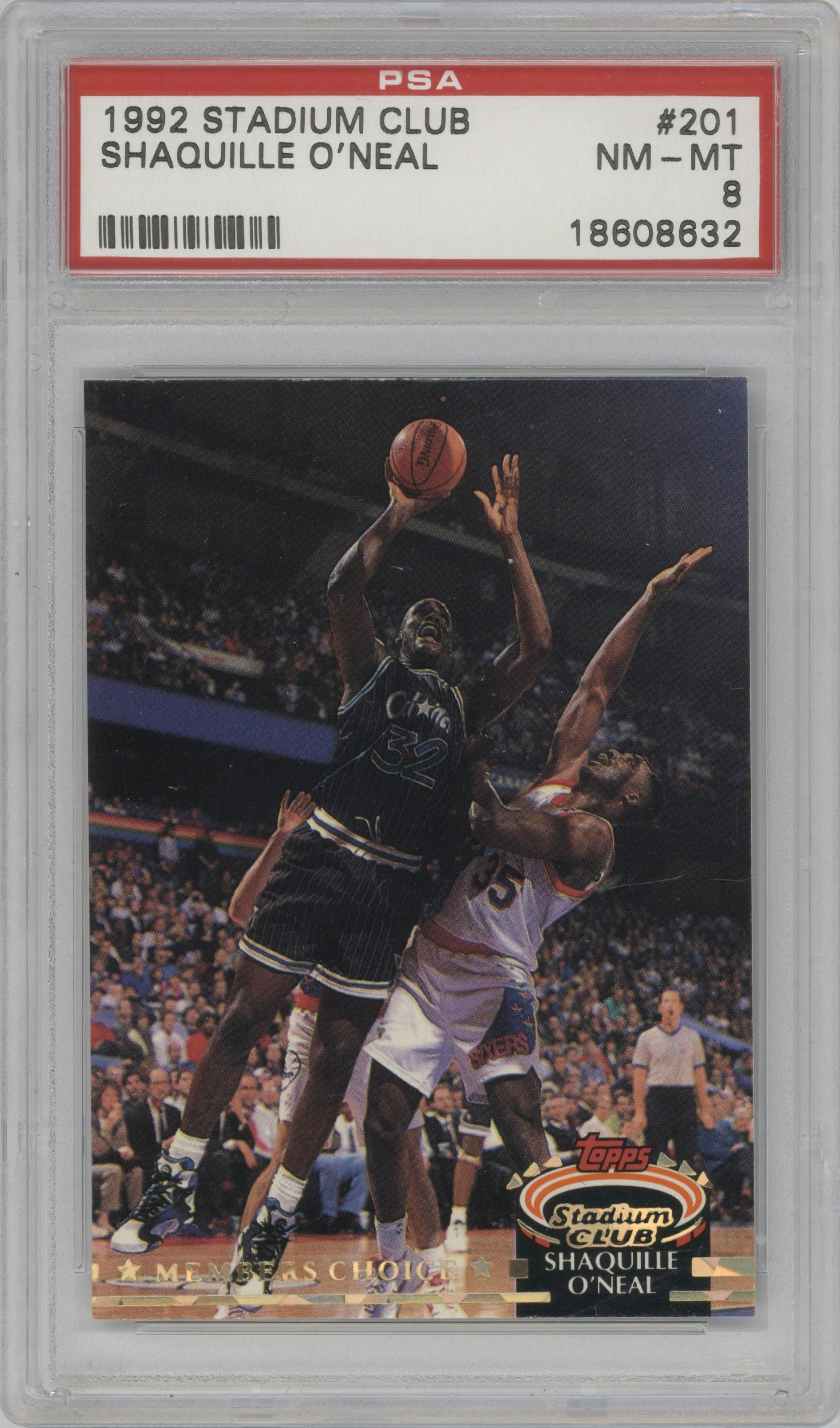 Shaquille O'neal from the 1992-93 Topps Stadium Club set graded by PSA and given an overall grade of 8.
