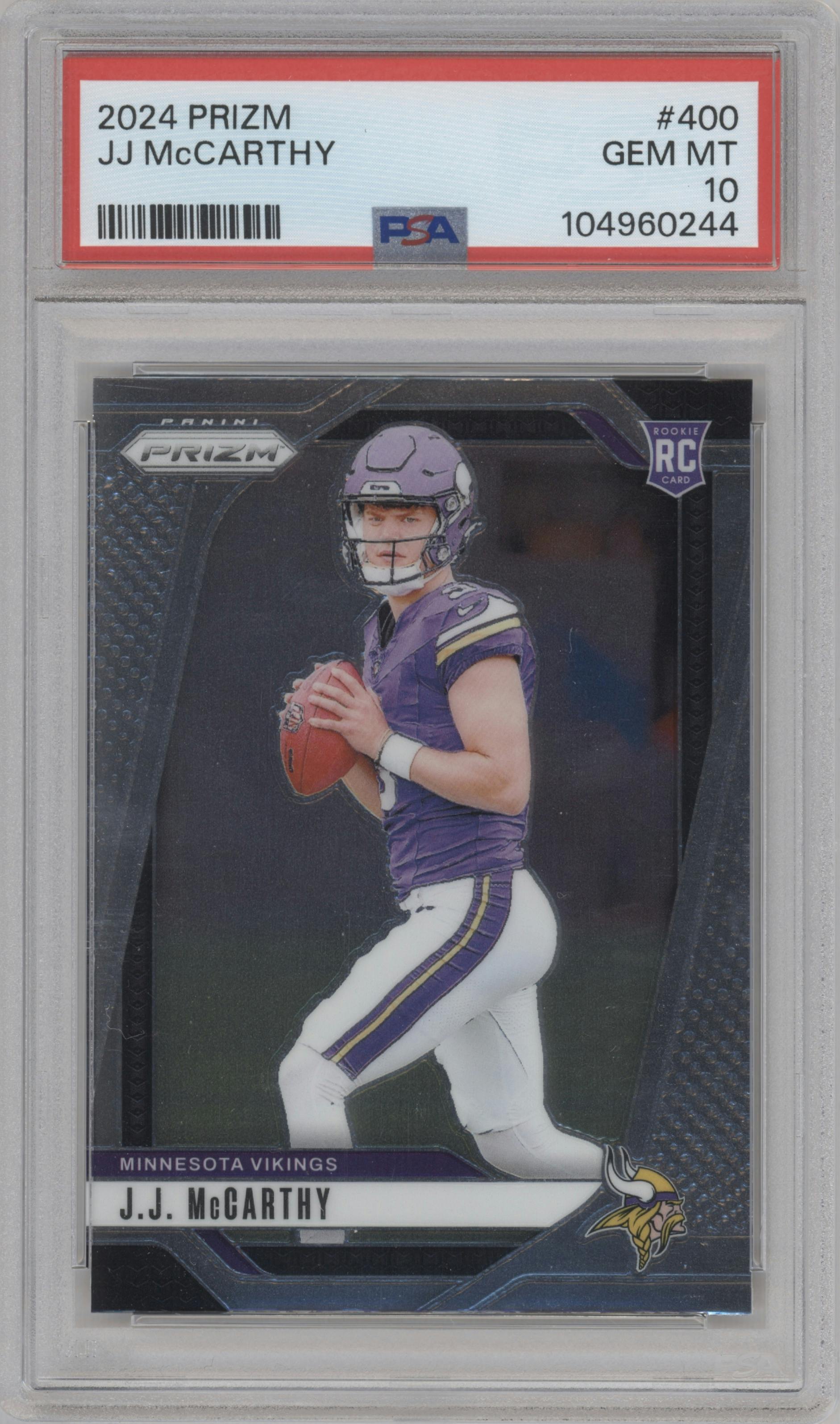 J.J. McCarthy from the 2024 Panini Prizm set graded by PSA and given an overall grade of 10.