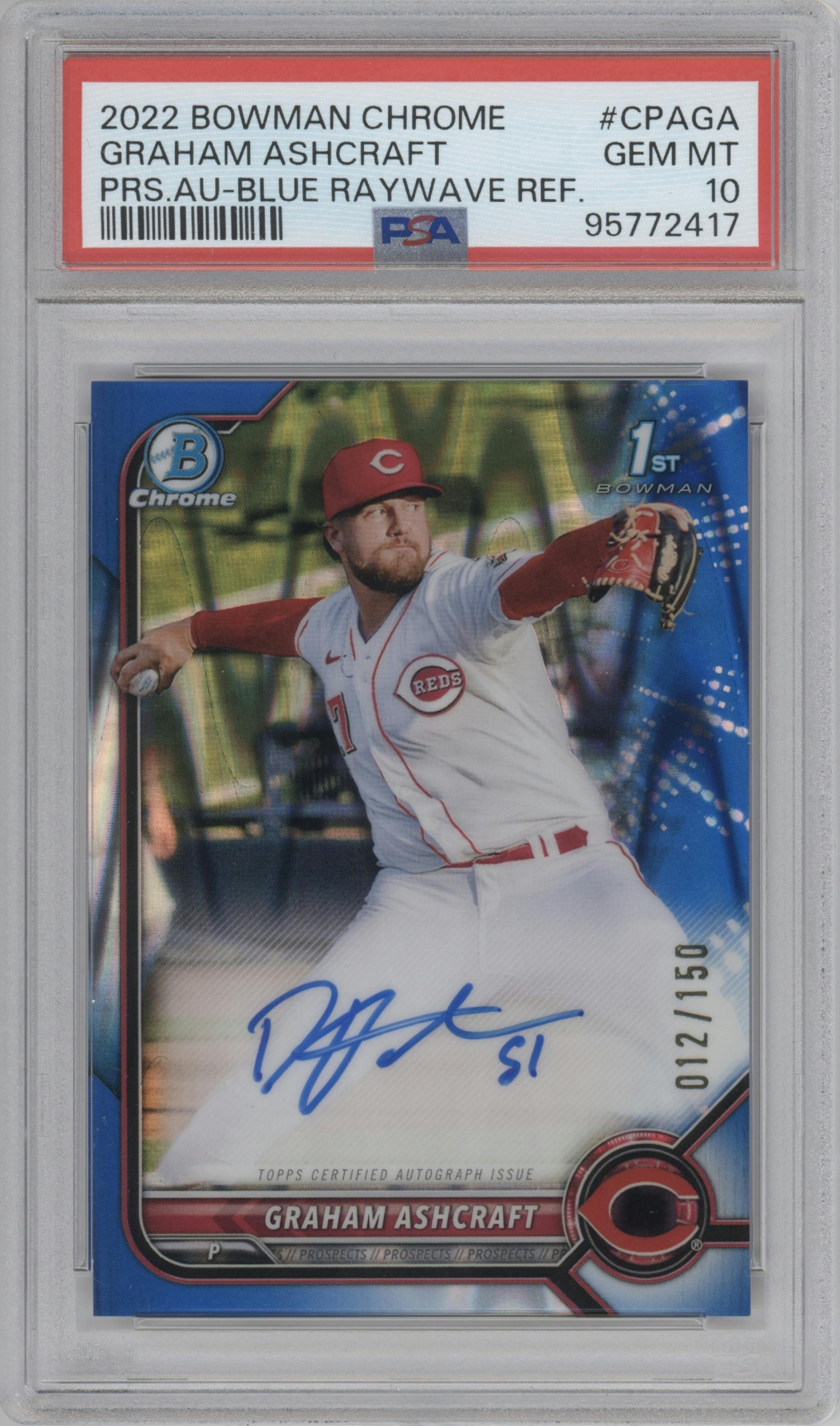 Graham Ashcraft from the 2022 Bowman Chrome set featuring a Blue RayWave Refractor parallel graded by PSA and given an overall grade of 10.