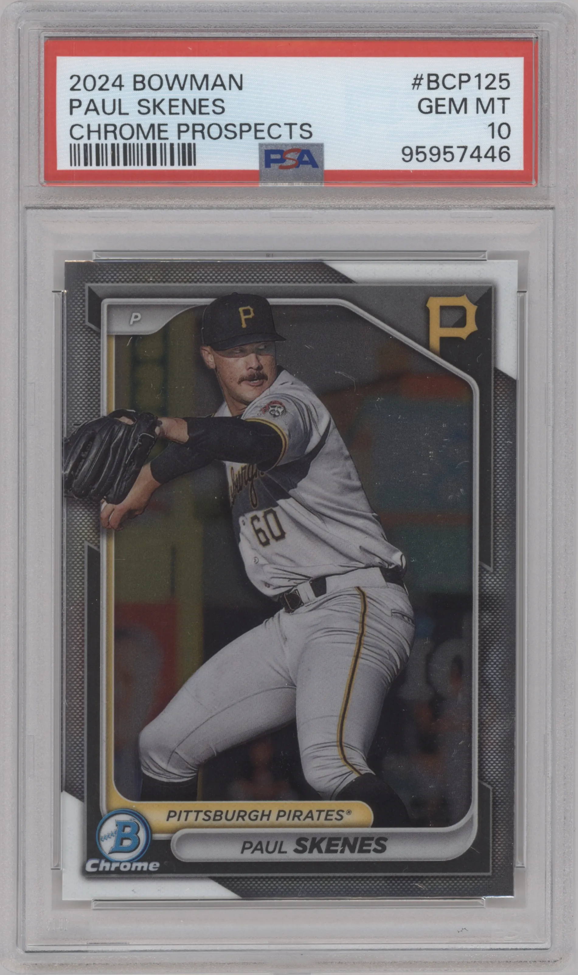 Paul Skenes from the 2024 Bowman set graded by PSA and given an overall grade of 10.