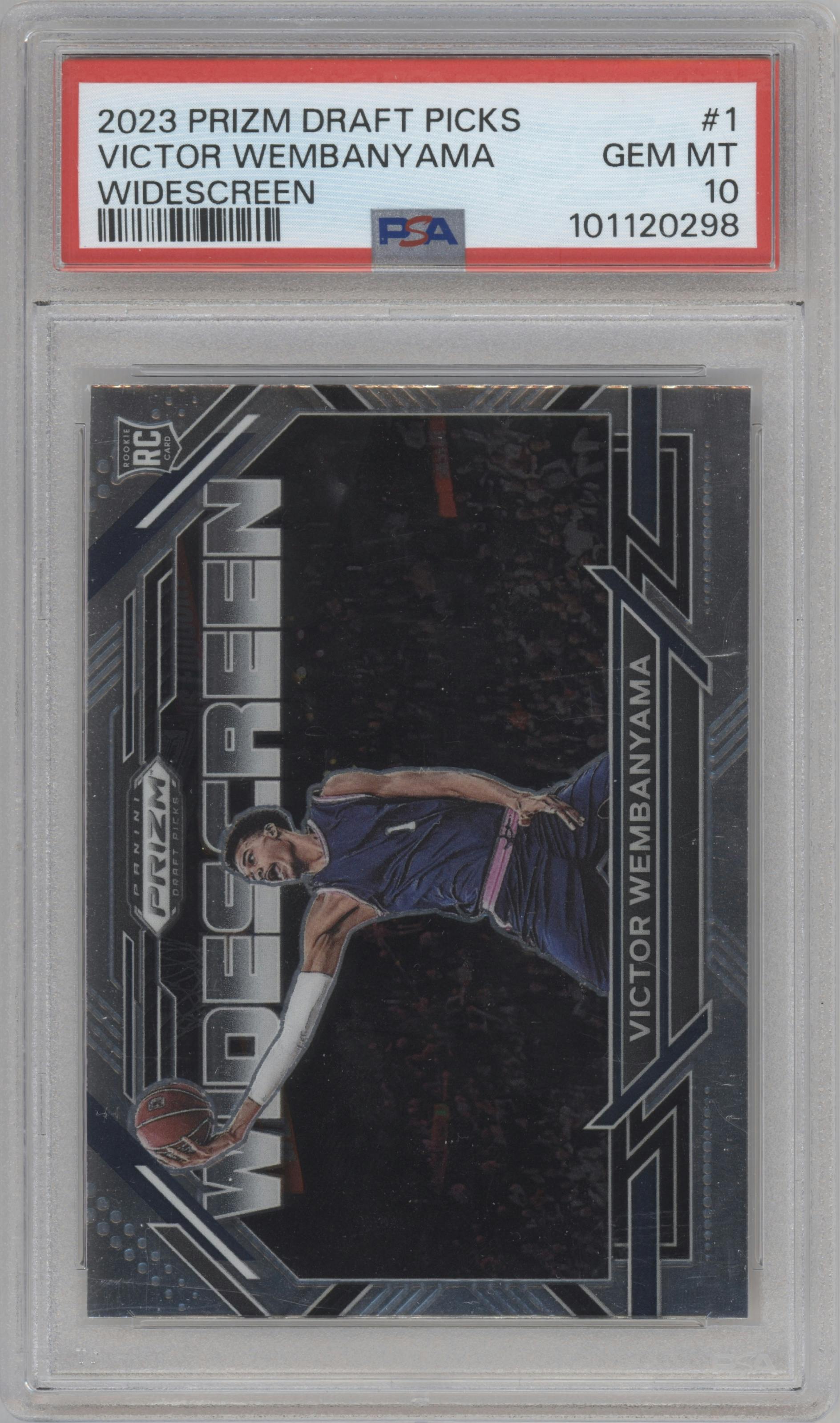Victor Wembanyama from the 2023-24 Panini Prizm Draft Picks set graded by PSA and given an overall grade of 10.