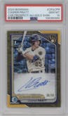 Cooper Pratt from the 2024 Bowman set featuring a Gold Shimmer Refractor parallel graded by PSA and given an overall grade of 10.