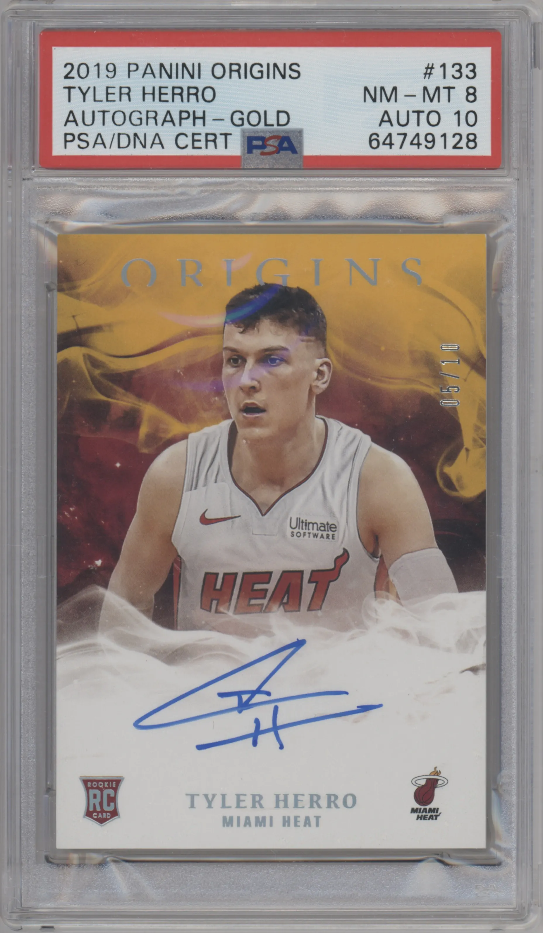 Tyler Herro from the 2019-20 Panini Origins set featuring a Gold parallel graded by PSA and given an overall grade of 8.