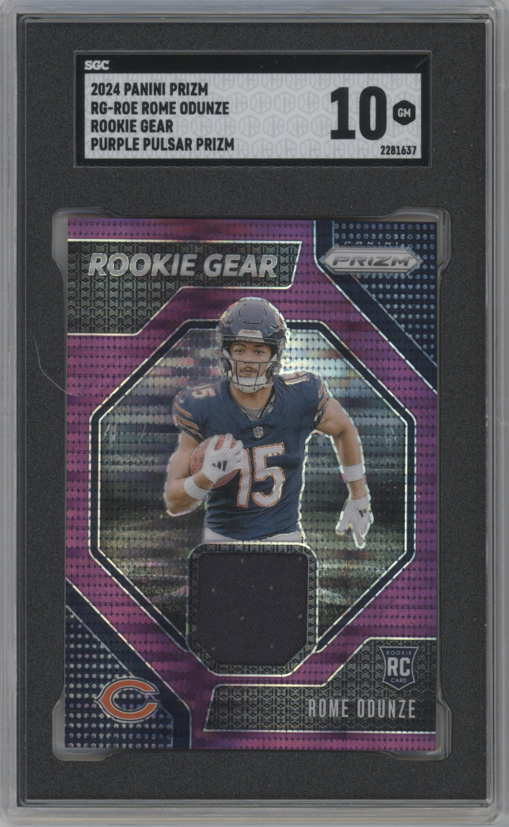 Rome Odunze from the 2024 Panini Prizm set featuring a Purple Pulsar parallel graded by SGC and given an overall grade of 10.