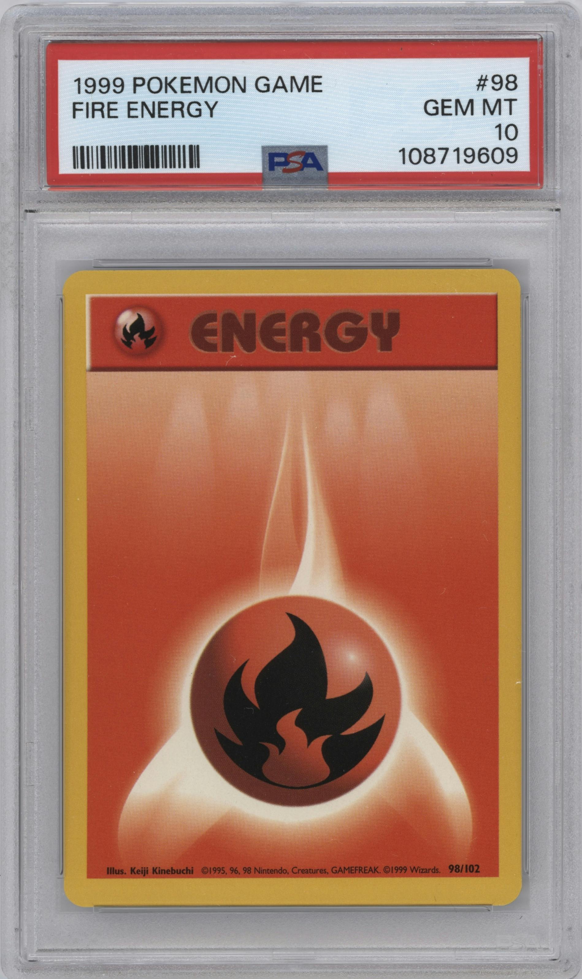 Fire Energy from the 1999 Pokemon set graded by PSA and given an overall grade of 10.