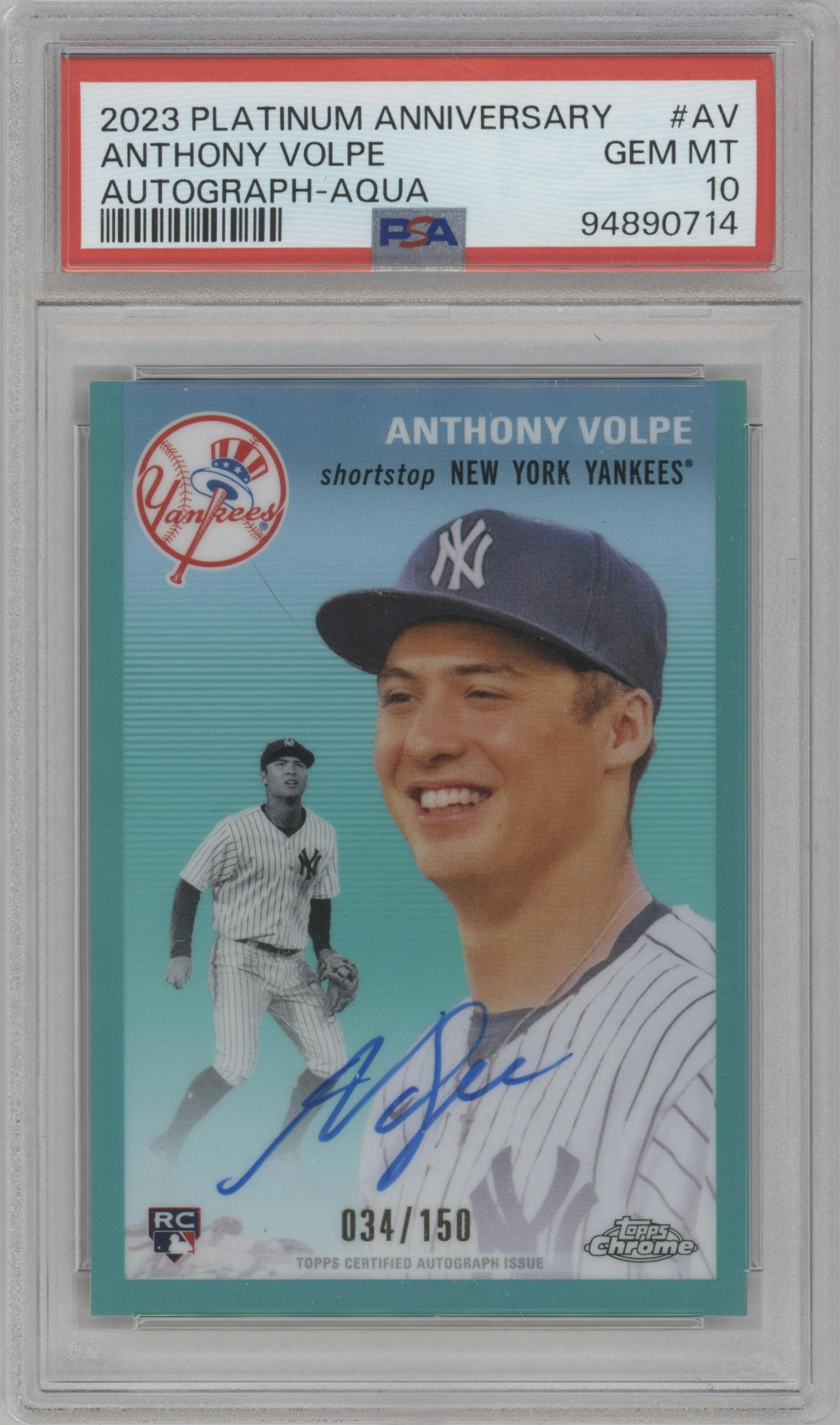 Anthony Volpe  from the 2023 Topps Chrome Platinum Anniversary set featuring a Aqua Refractor parallel graded by PSA and given an overall grade of 10.