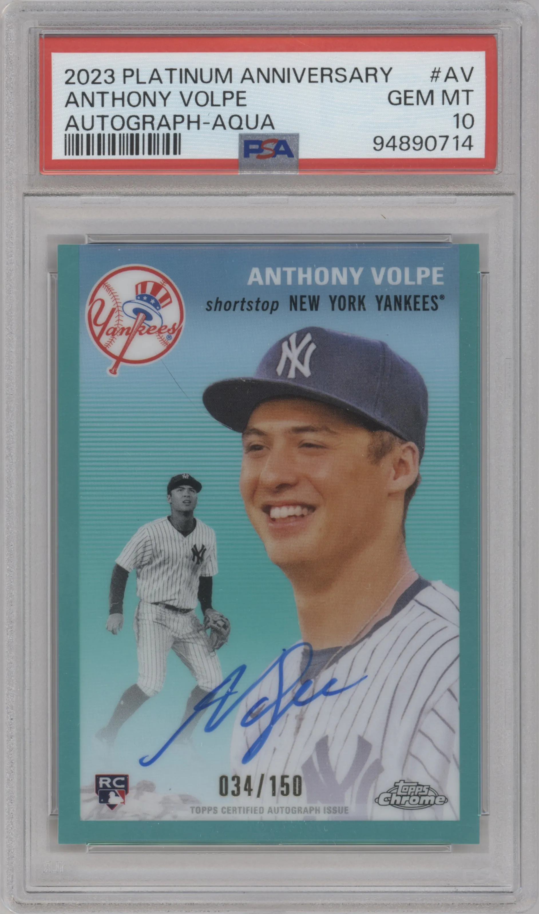 2023 Topps Chrome Platinum Anniversary Auto Anthony Volpe Aqua Refractor PSA 10