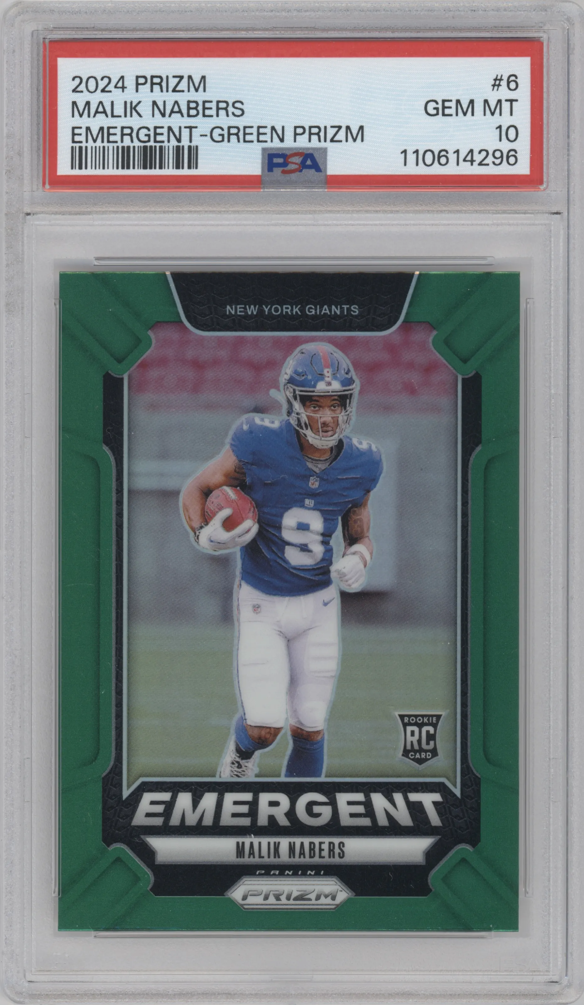 Malik Nabers from the 2024 Panini Prizm set featuring a Green Prizm parallel graded by PSA and given an overall grade of 10.