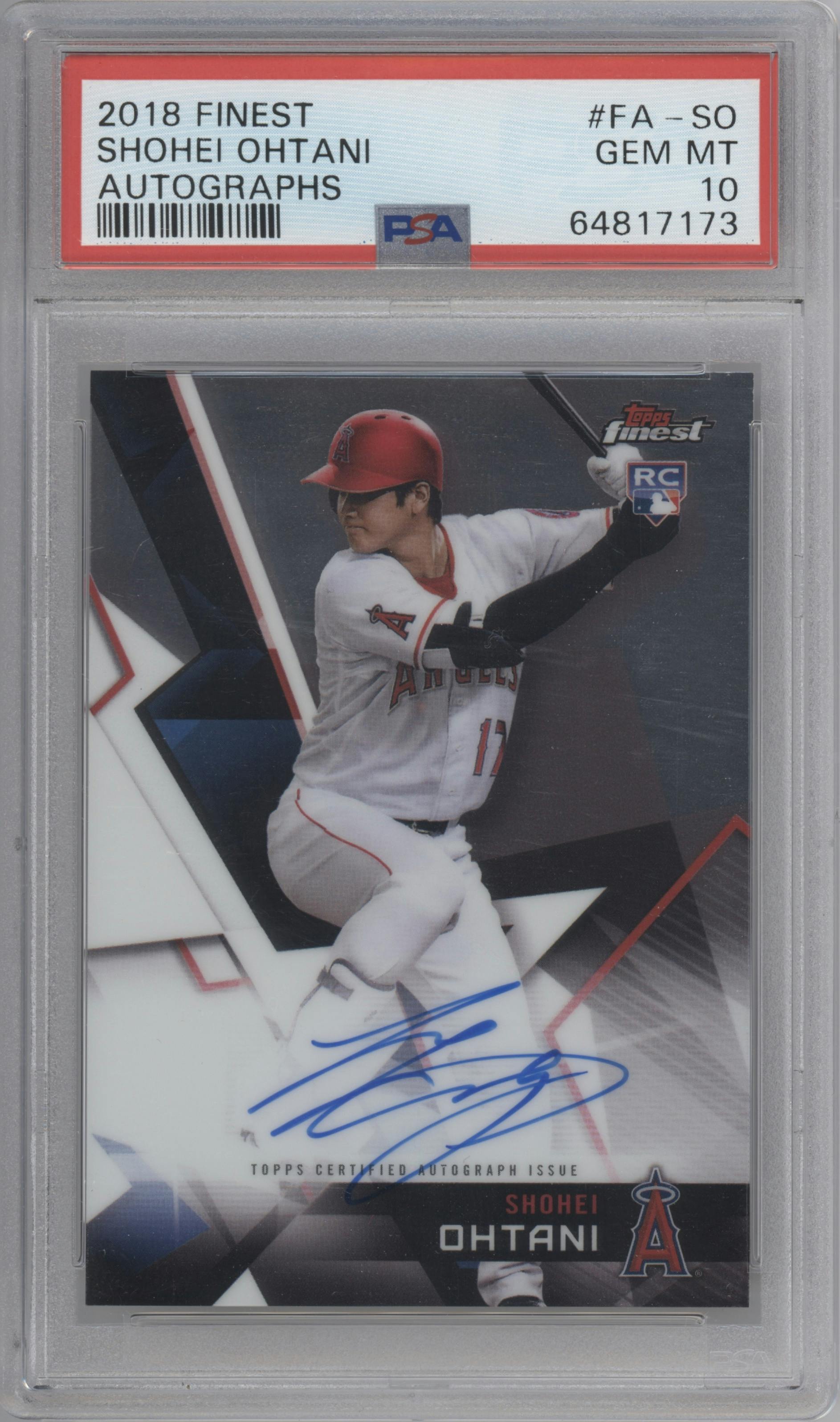 Shohei Ohtani from the 2018 Topps Finest set graded by PSA and given an overall grade of 10.