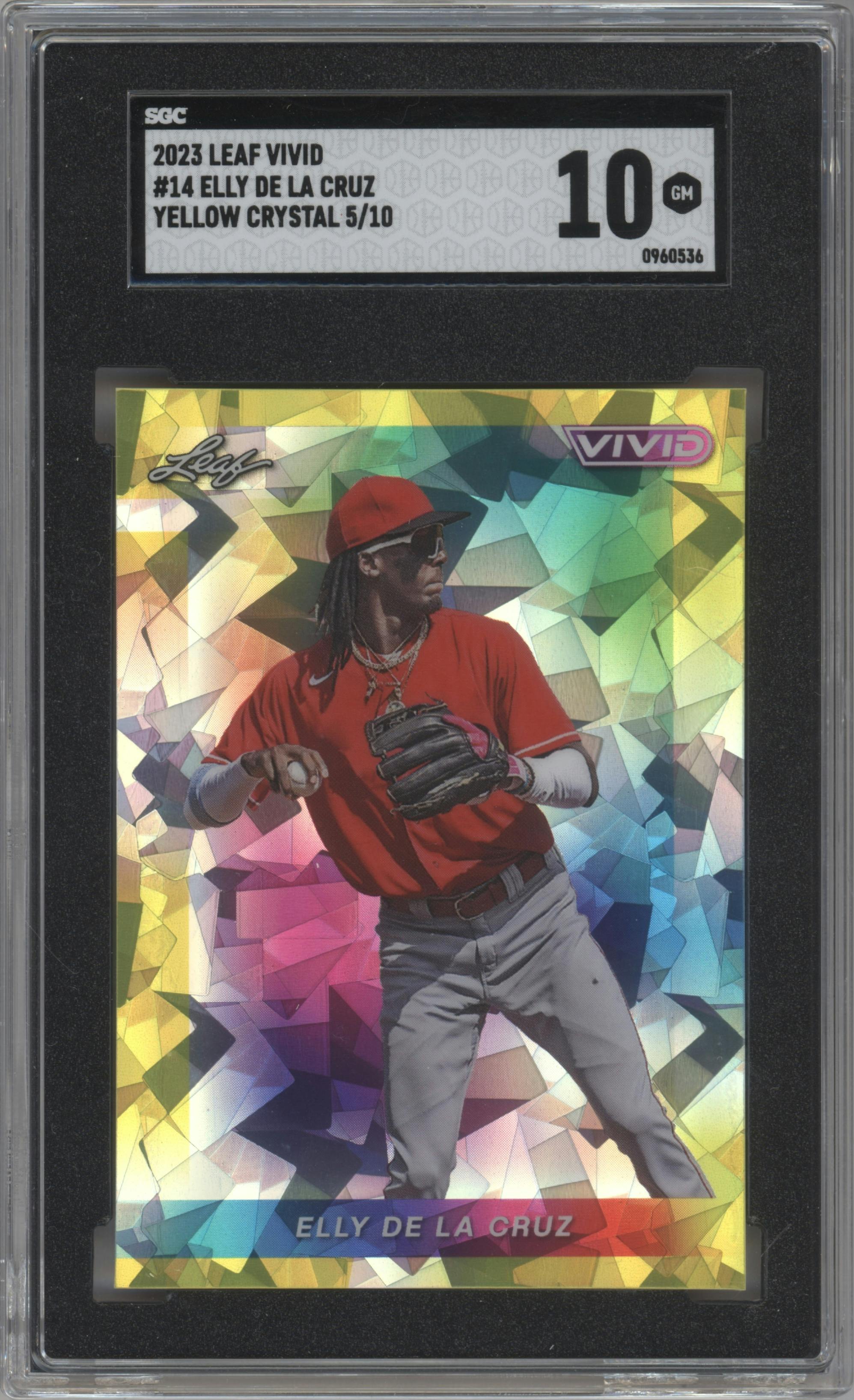 Elly De La Cruz  from the 2023 Leaf Vivid set featuring a Yellow Crystal parallel graded by SGC and given an overall grade of 10.