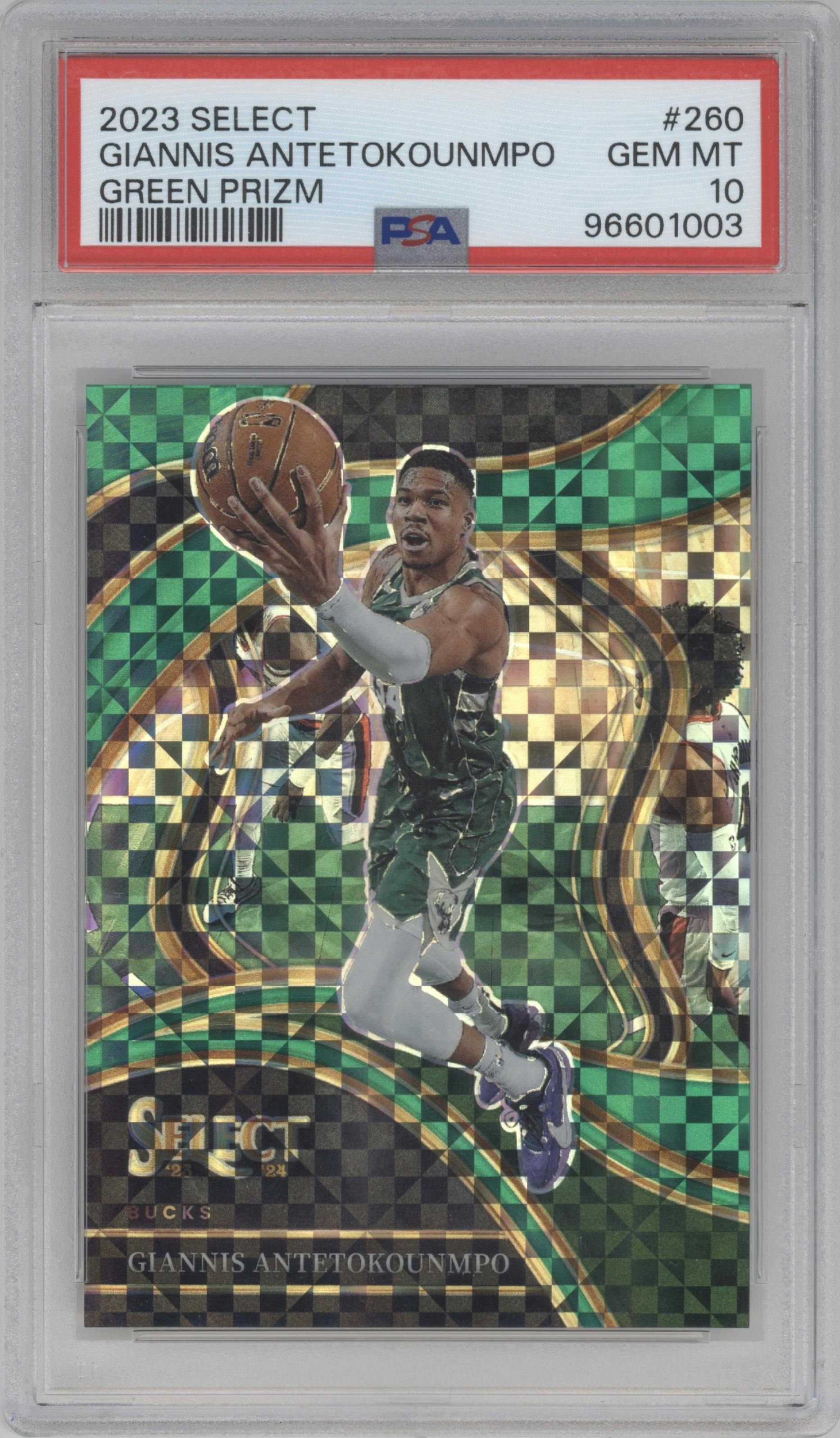 Giannis Antetokounmpo from the 2023-24 Panini Select  set featuring a Green Prizm parallel graded by PSA and given an overall grade of 10.