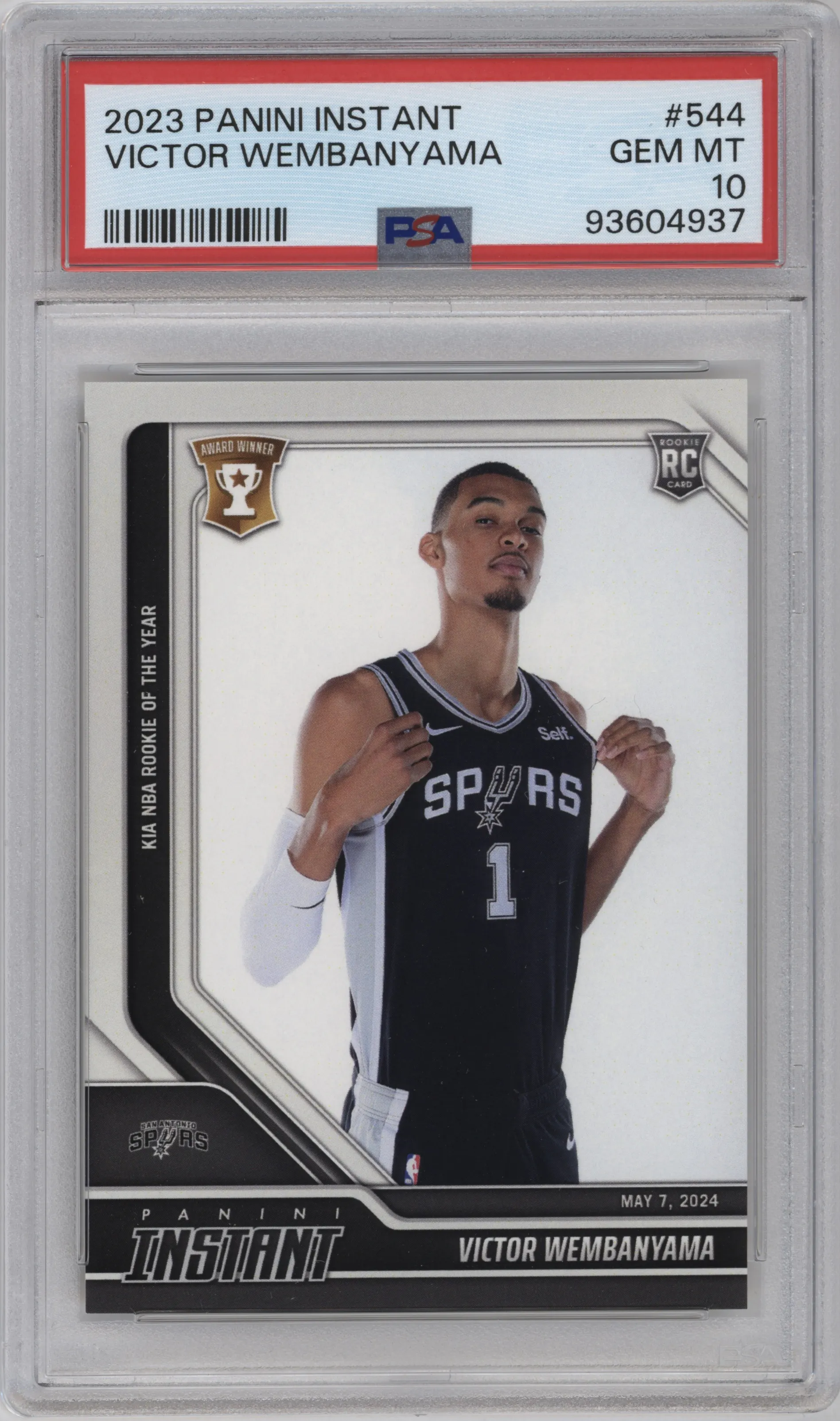 Victor Wembanyama from the 2023-24 Panini Instant NBA set graded by PSA and given an overall grade of 10.
