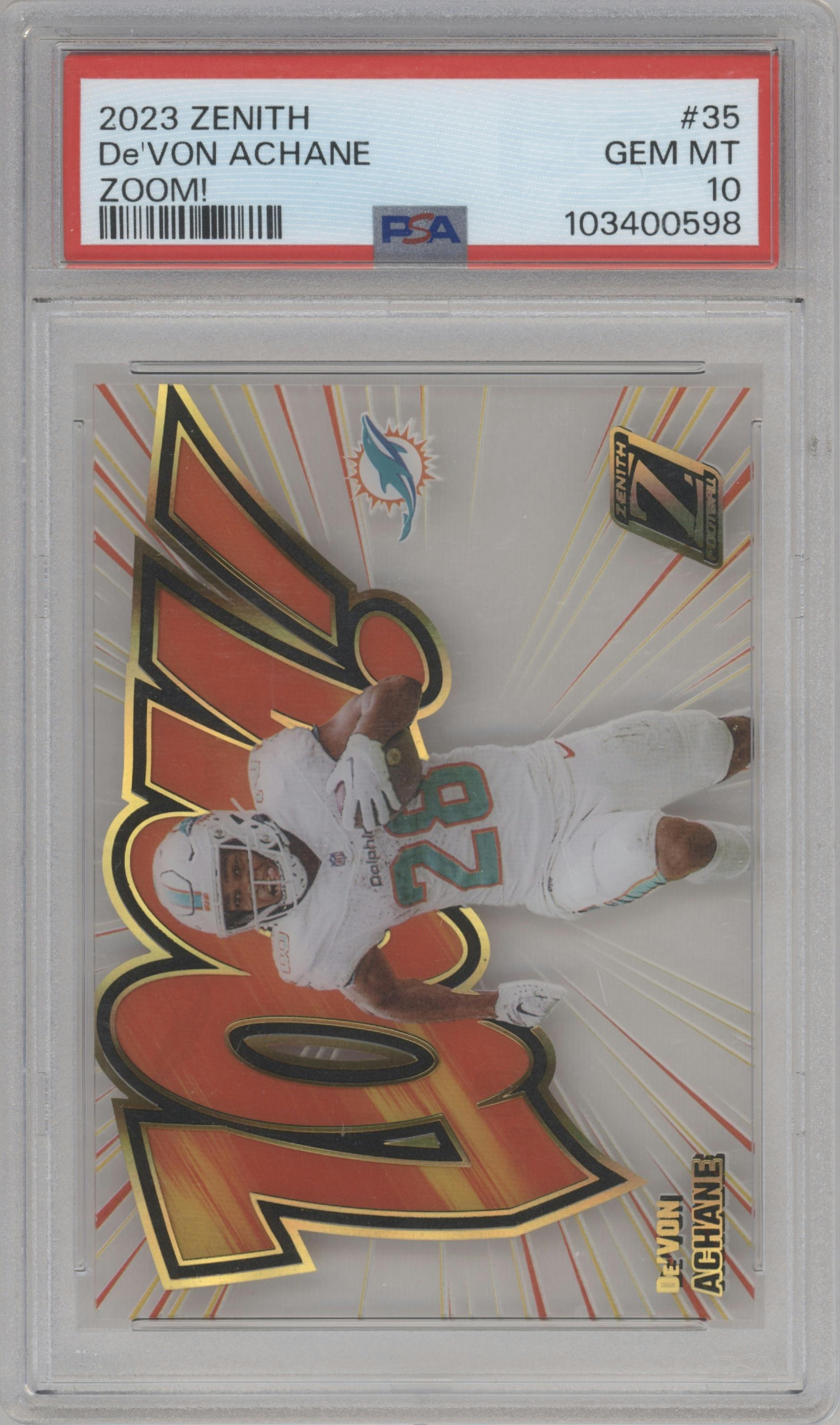 De'Von Achane from the 2023 Panini Zenith set graded by PSA and given an overall grade of 10.