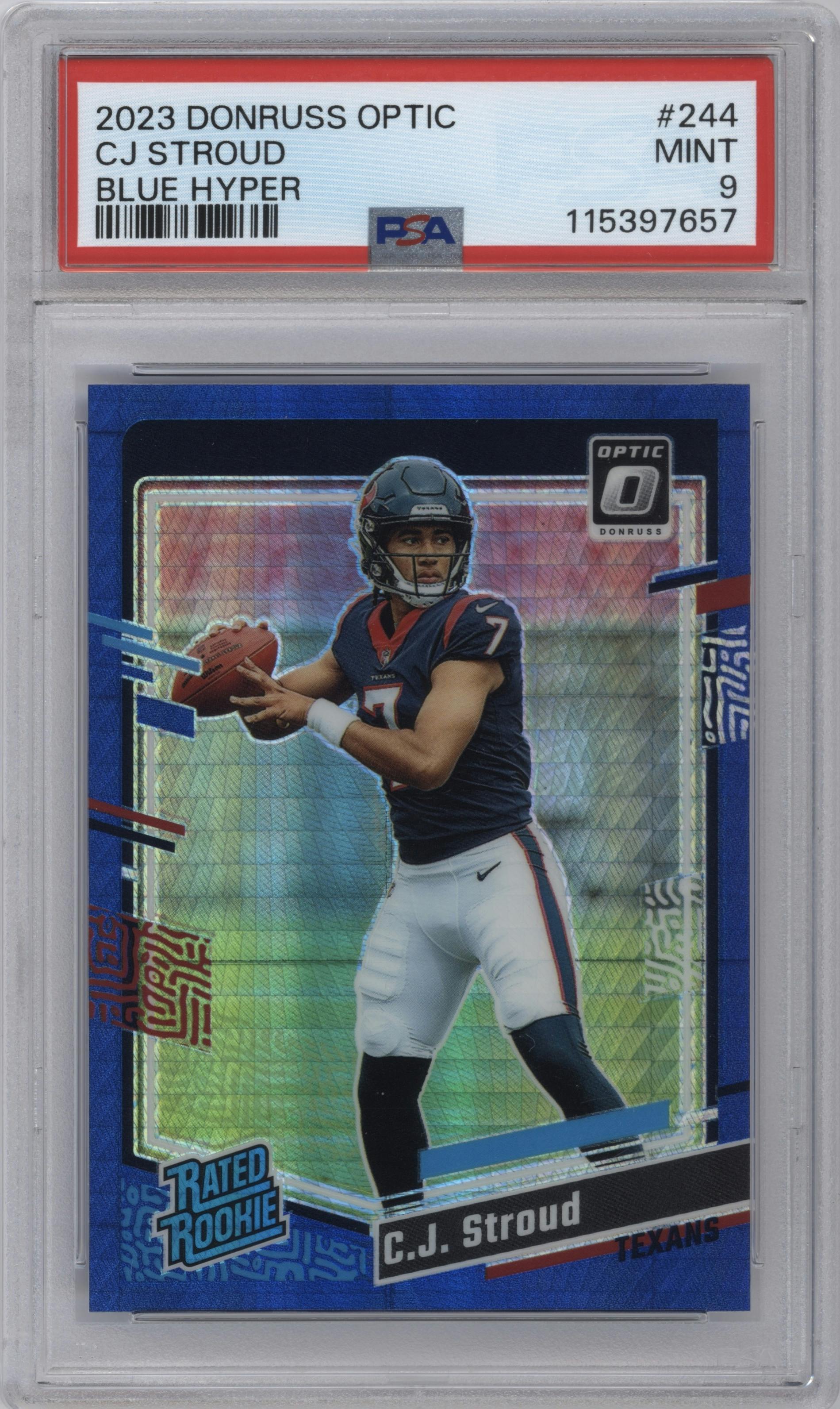 C.J. Stroud from the 2023 Donruss Optic set featuring a Hyper Blue parallel graded by PSA and given an overall grade of 9.