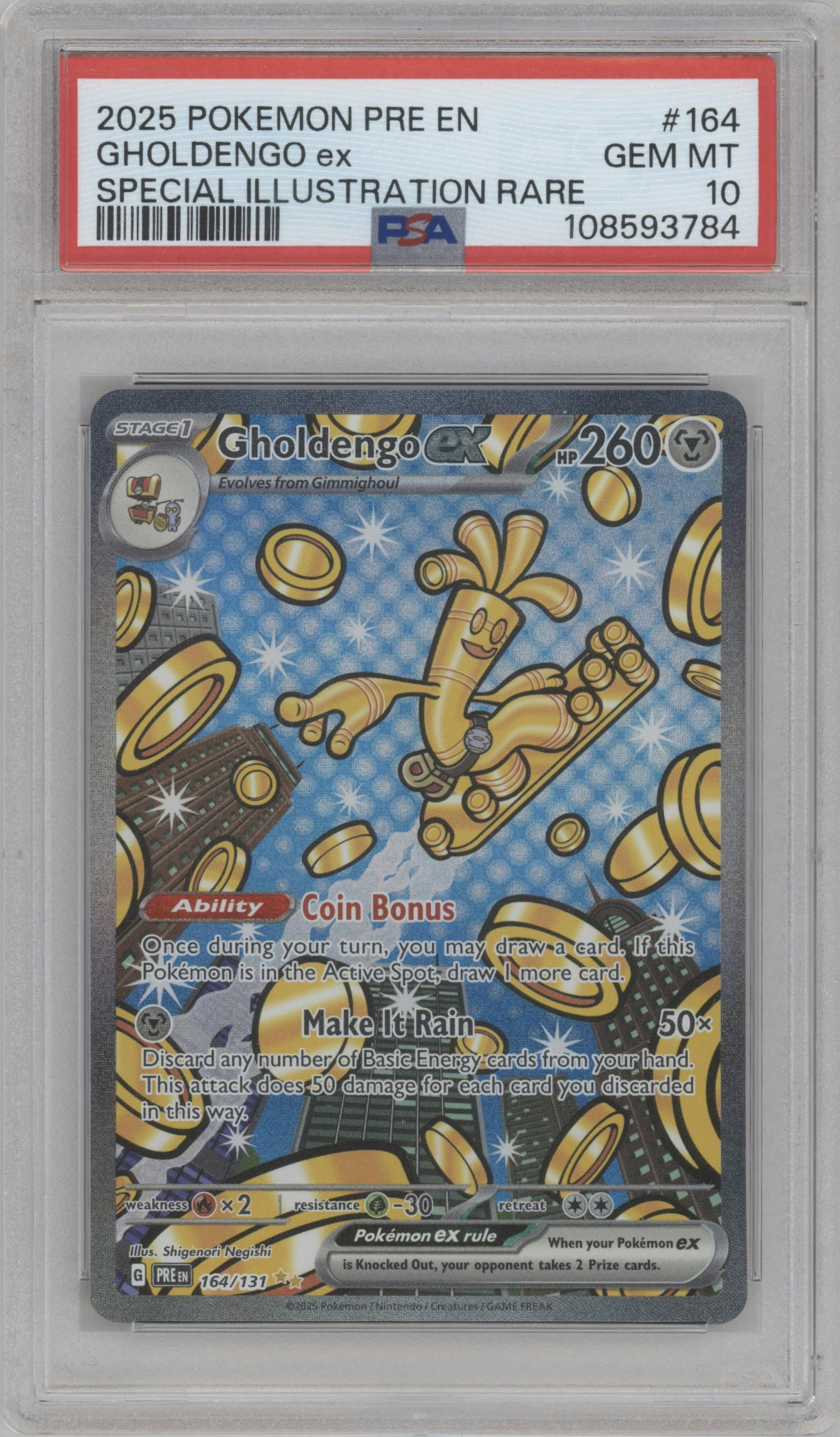 Gholdengo ex from the 2025 Pokemon SV set graded by PSA and given an overall grade of 10.