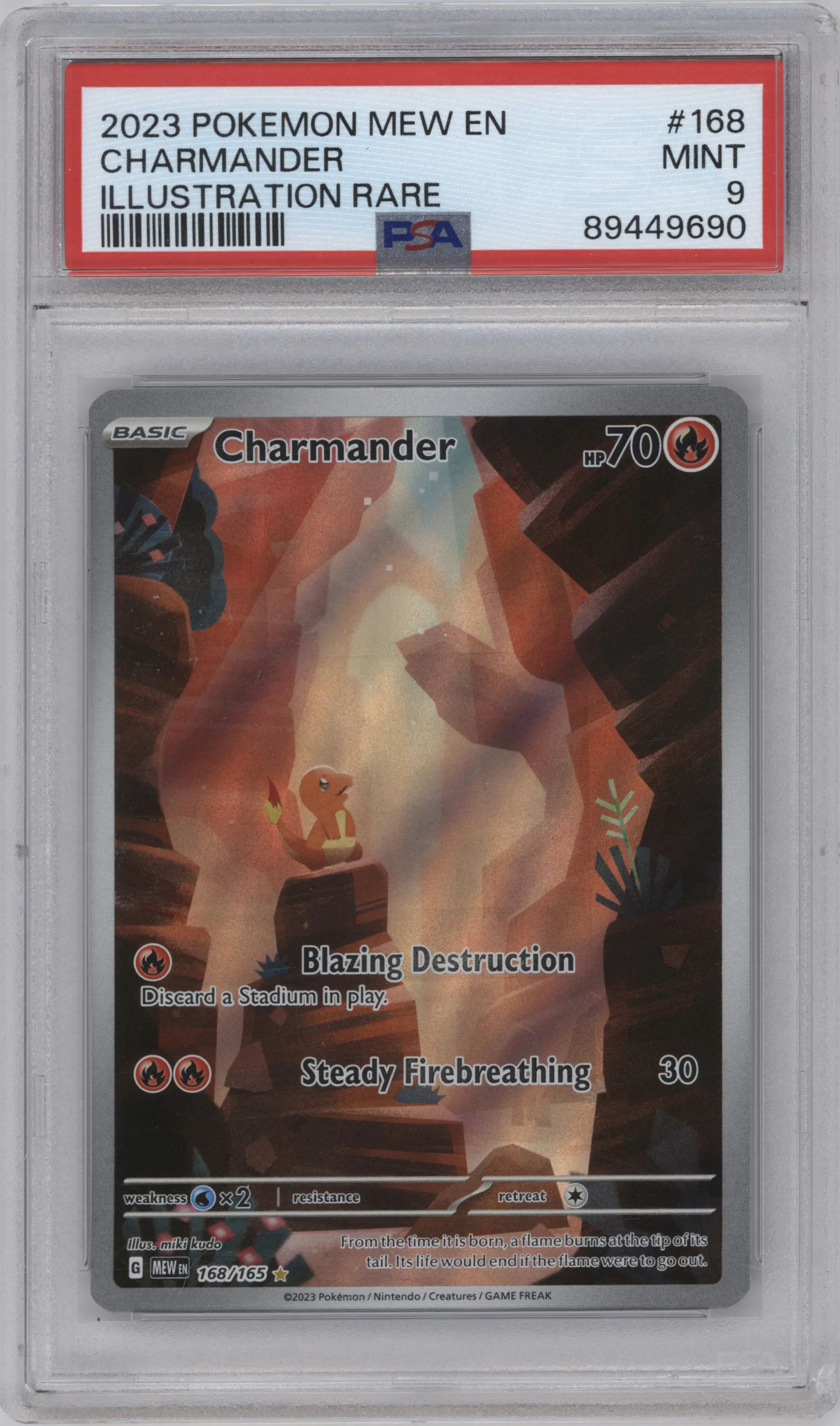 Charmander from the 2023 Pokemon SV set graded by PSA and given an overall grade of 9.