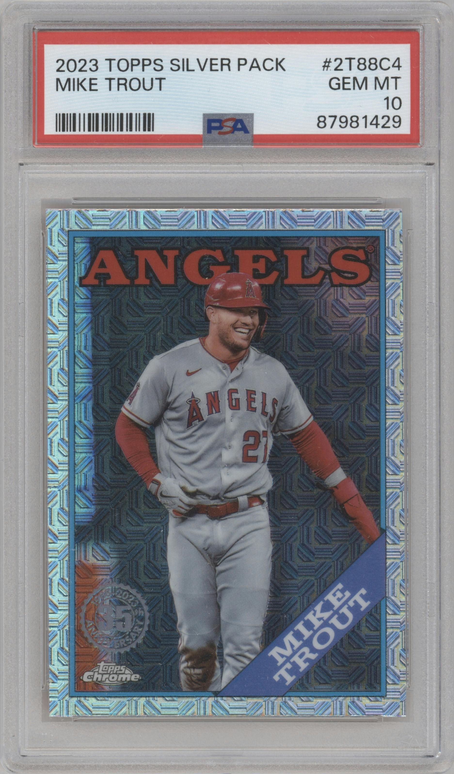 Mike Trout from the 2023 Topps Silver Pack set graded by PSA and given an overall grade of 10.