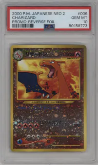 Charizard from the 2000 Pokemon Neo 2 JPN set graded by PSA and given an overall grade of 10.
