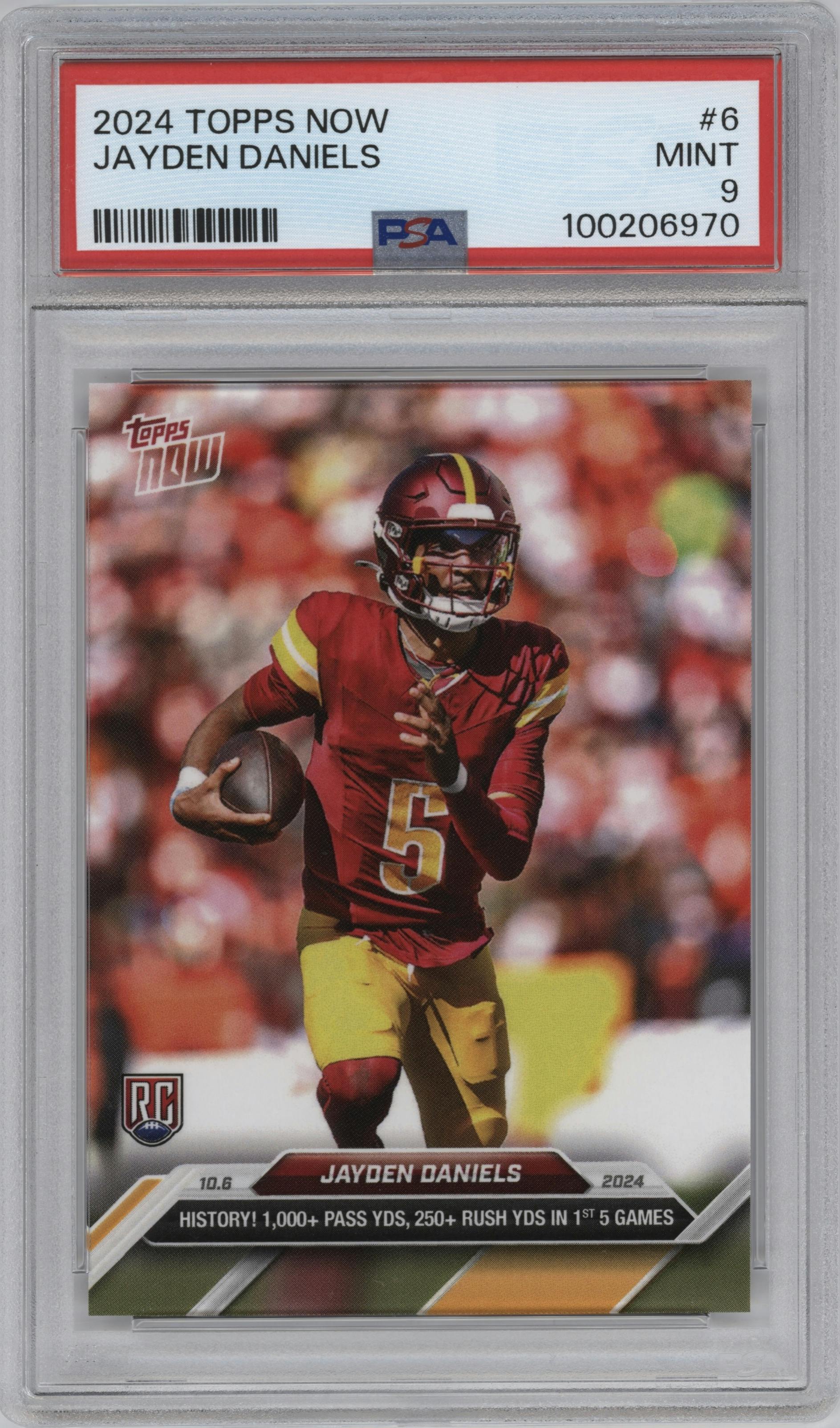 Jayden Daniels from the 2024 Topps Now set graded by PSA and given an overall grade of 9.