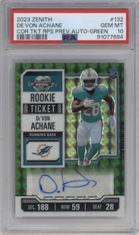 De'Von Achane from the 2023 Panini Zenith set featuring a Green parallel graded by PSA and given an overall grade of 10.