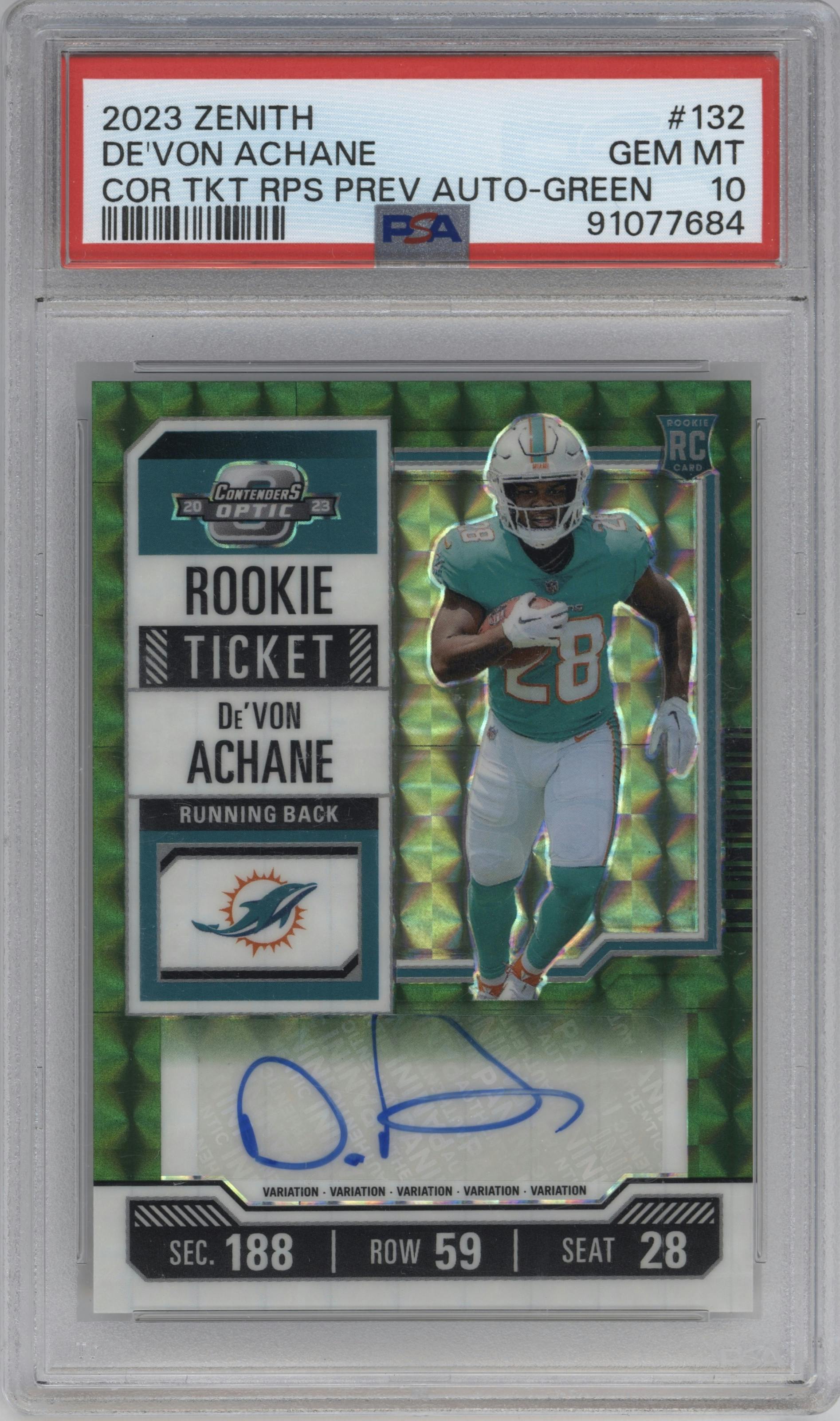 De'Von Achane from the 2023 Panini Zenith set featuring a Green parallel graded by PSA and given an overall grade of 10.