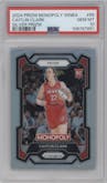 Caitlin Clark from the 2024 Panini Prizm Monopoly WNBA set featuring a Silver Prizm parallel graded by PSA and given an overall grade of 10.