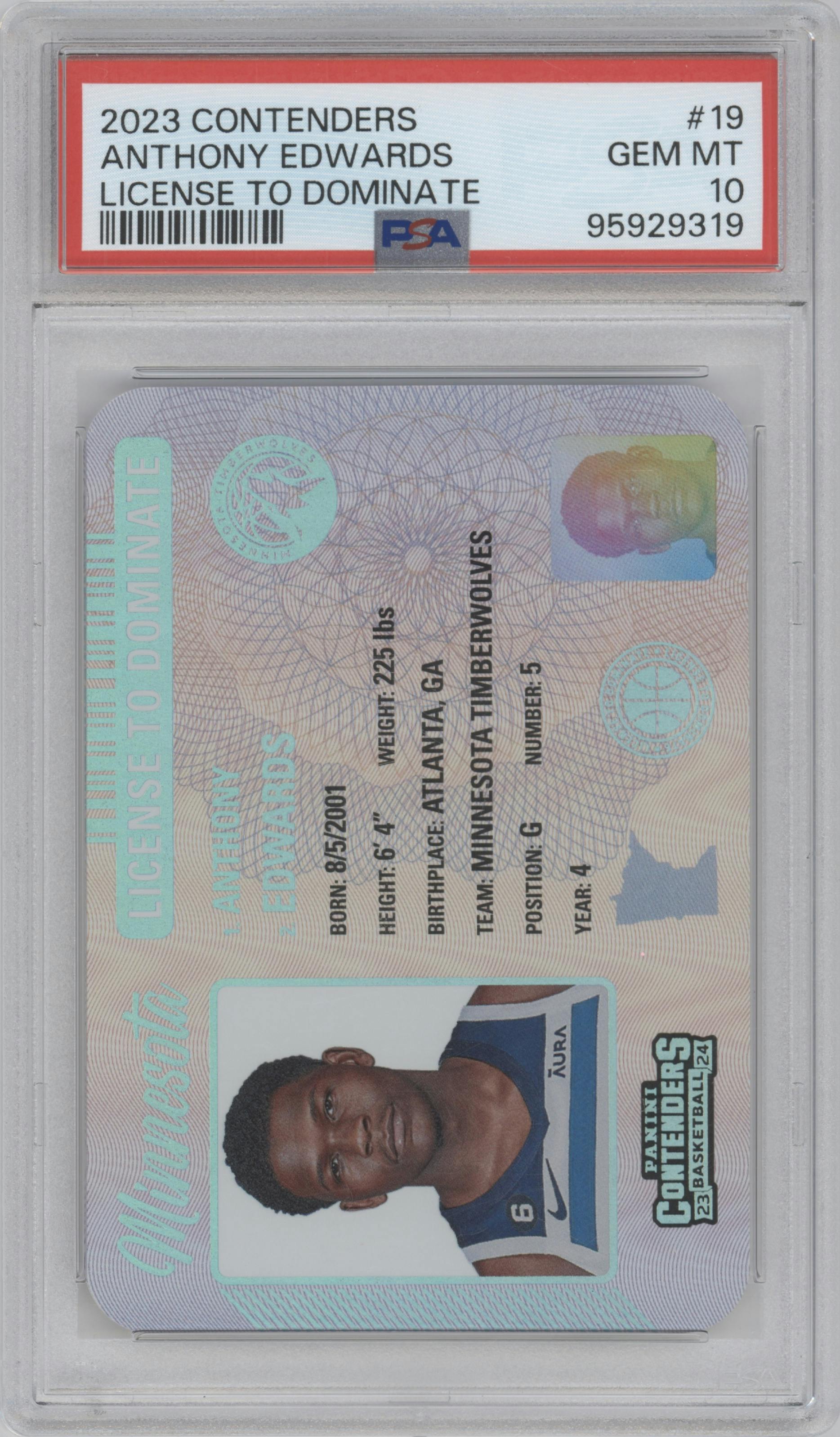 Anthony Edwards from the 2023-24 Panini Contenders set graded by PSA and given an overall grade of 10.