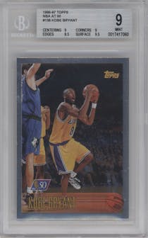 Kobe Bryant  from the 1996-97 Topps set featuring a NBA at 50 parallel graded by Beckett and given an overall grade of 9.