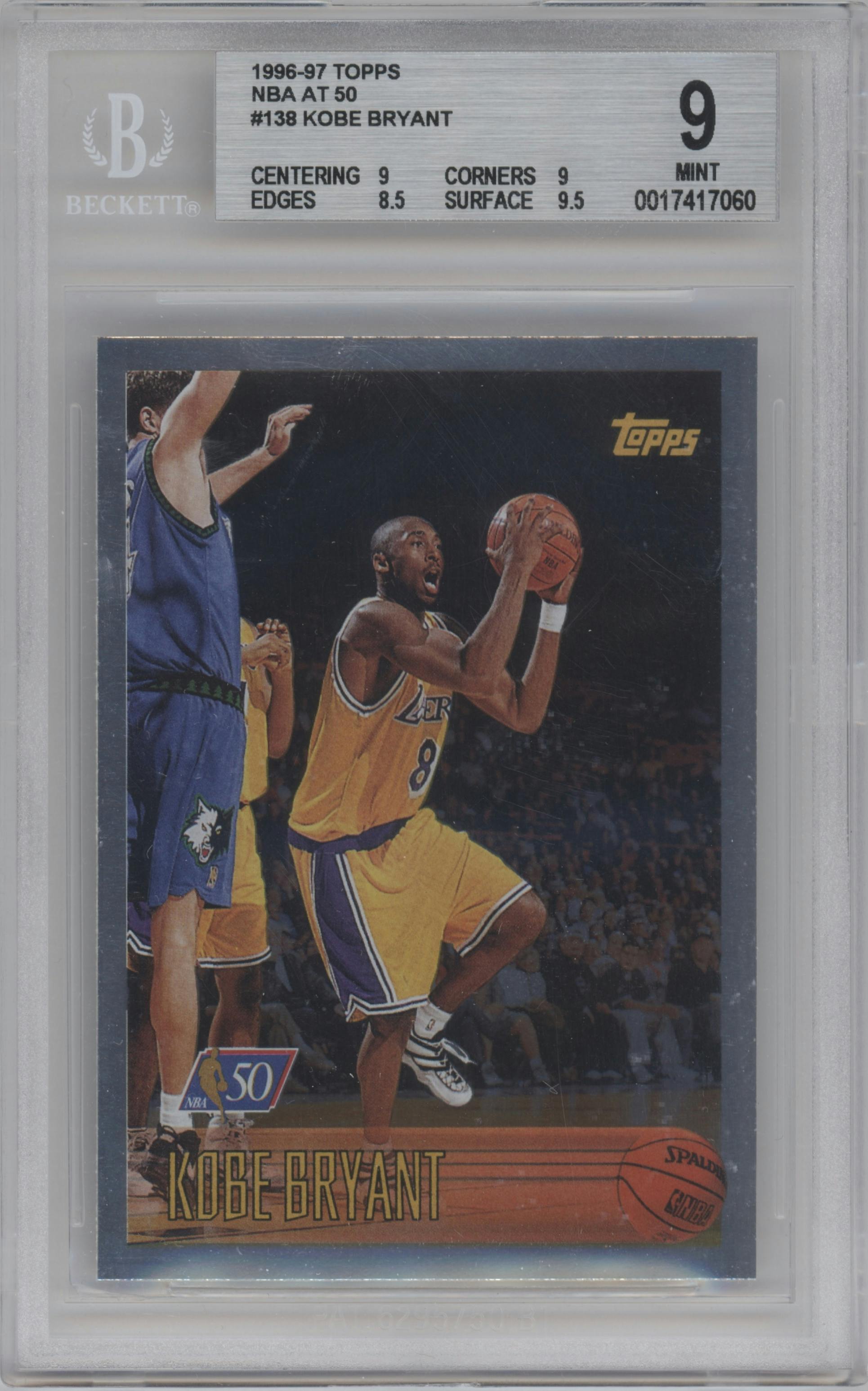 Kobe Bryant  from the 1996-97 Topps set featuring a NBA at 50 parallel graded by Beckett and given an overall grade of 9.