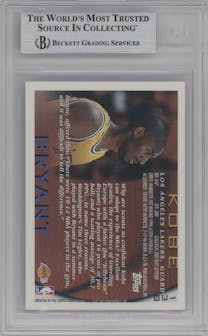 Kobe Bryant  from the 1996-97 Topps set featuring a NBA at 50 parallel graded by Beckett and given an overall grade of 9.
