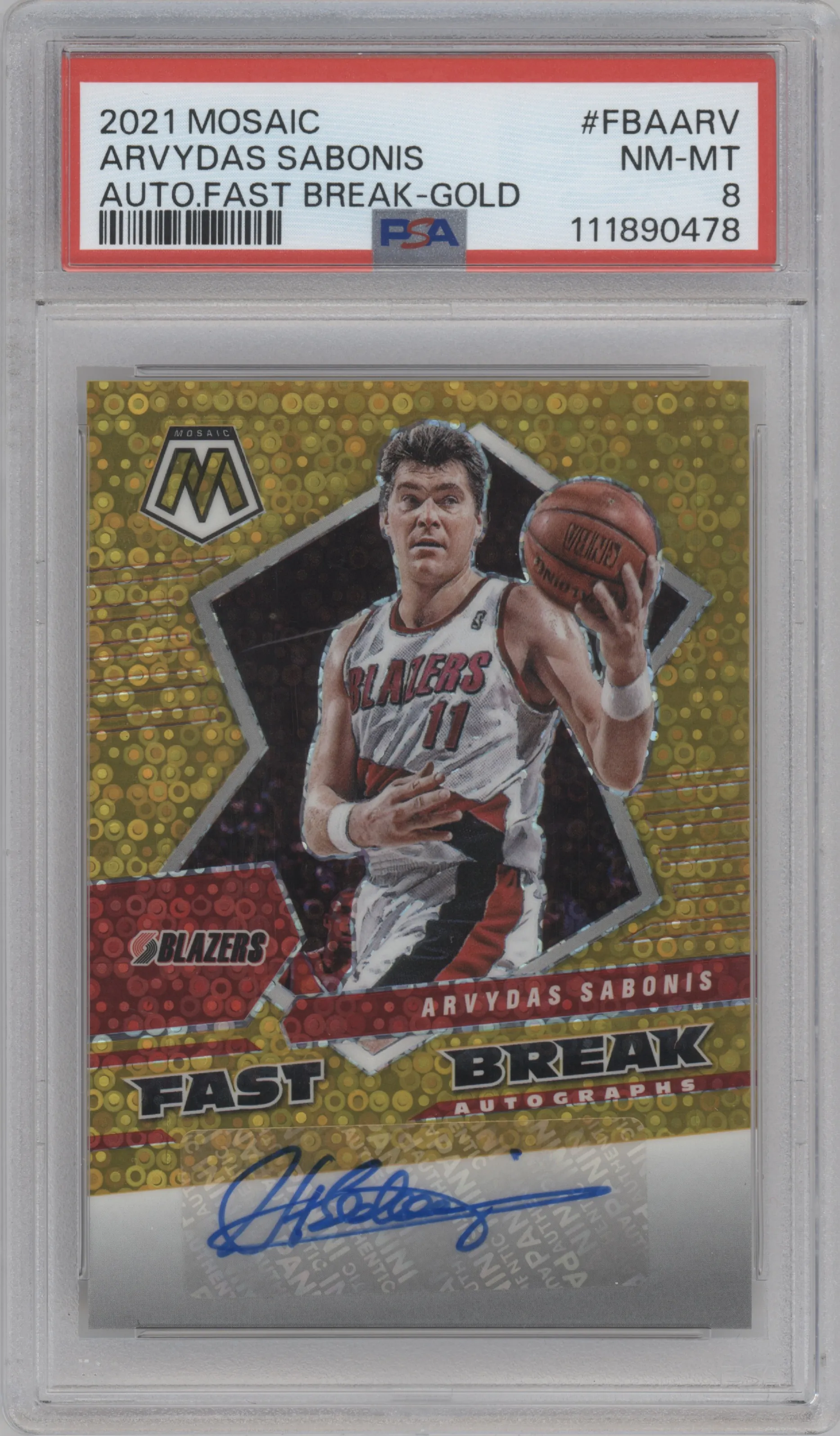 Arvydas Sabonis from the 2021-22 Panini Mosaic  set featuring a Gold parallel graded by PSA and given an overall grade of 8.