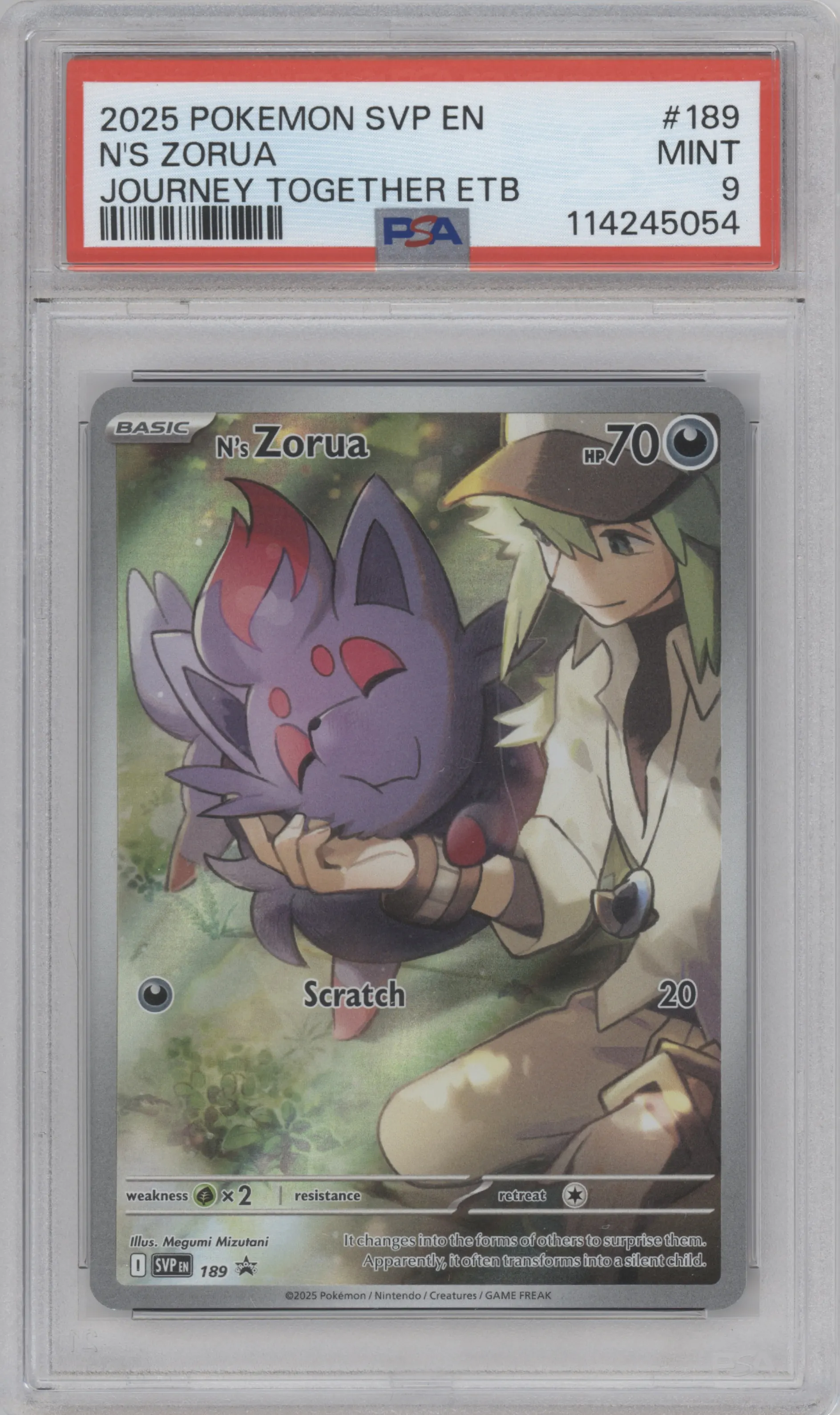 N's Zorua from the 2025 Pokemon SV set featuring a Journey Together Elite Trainer Box parallel graded by PSA and given an overall grade of 9.