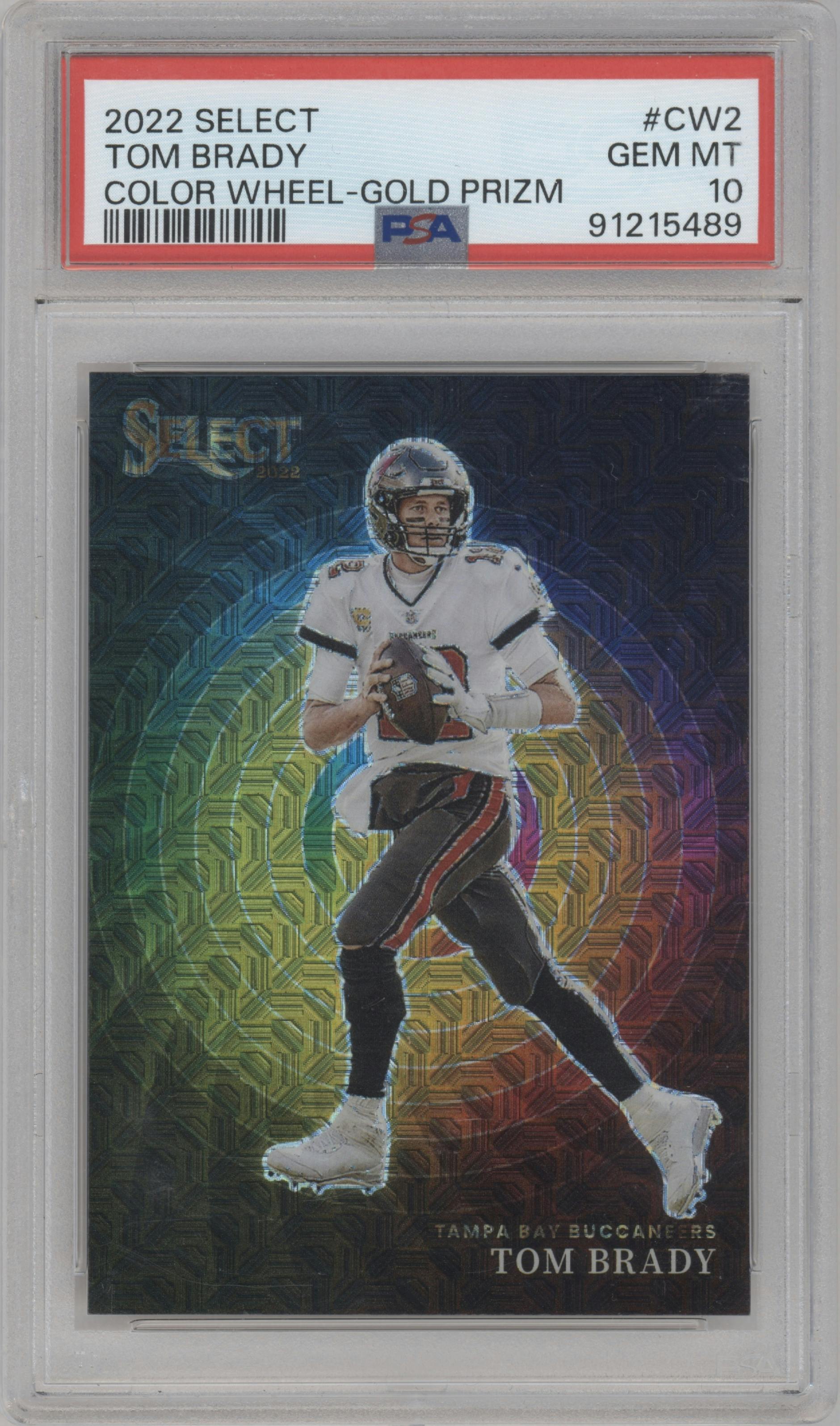 Tom Brady from the 2022 Panini Select set featuring a Gold Prizm parallel graded by PSA and given an overall grade of 10.