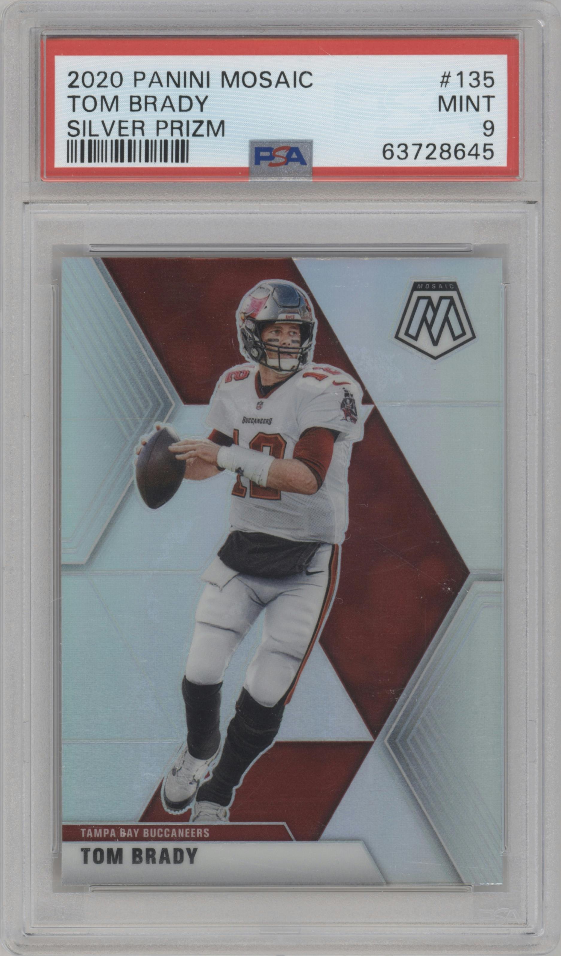 Tom Brady from the 2020 Panini Mosaic set featuring a Silver parallel graded by PSA and given an overall grade of 9.