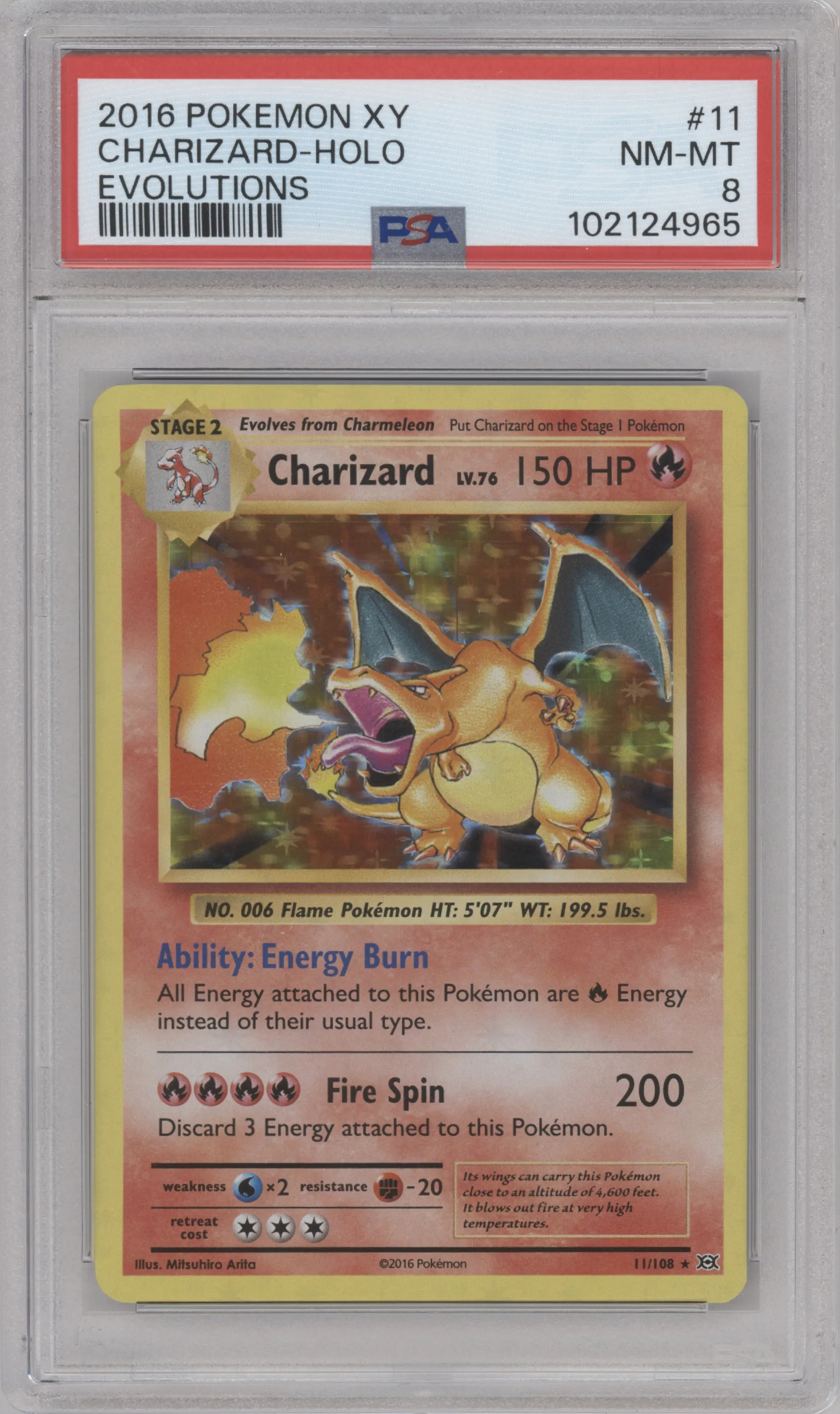 Charizard  from the 2016 Pokemon XY set graded by PSA and given an overall grade of 8.