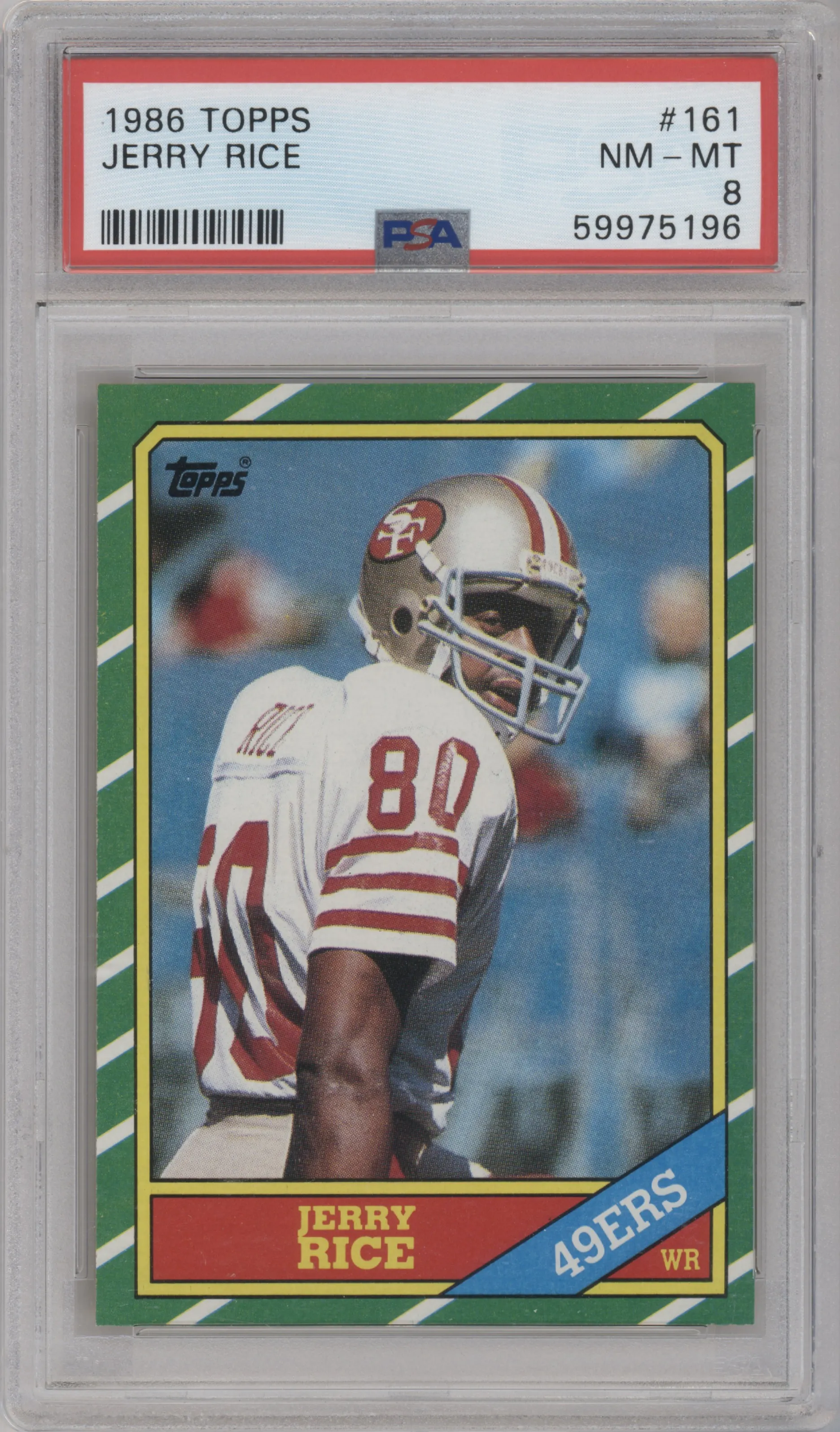 Jerry Rice from the 1986 Topps set graded by PSA and given an overall grade of 8.