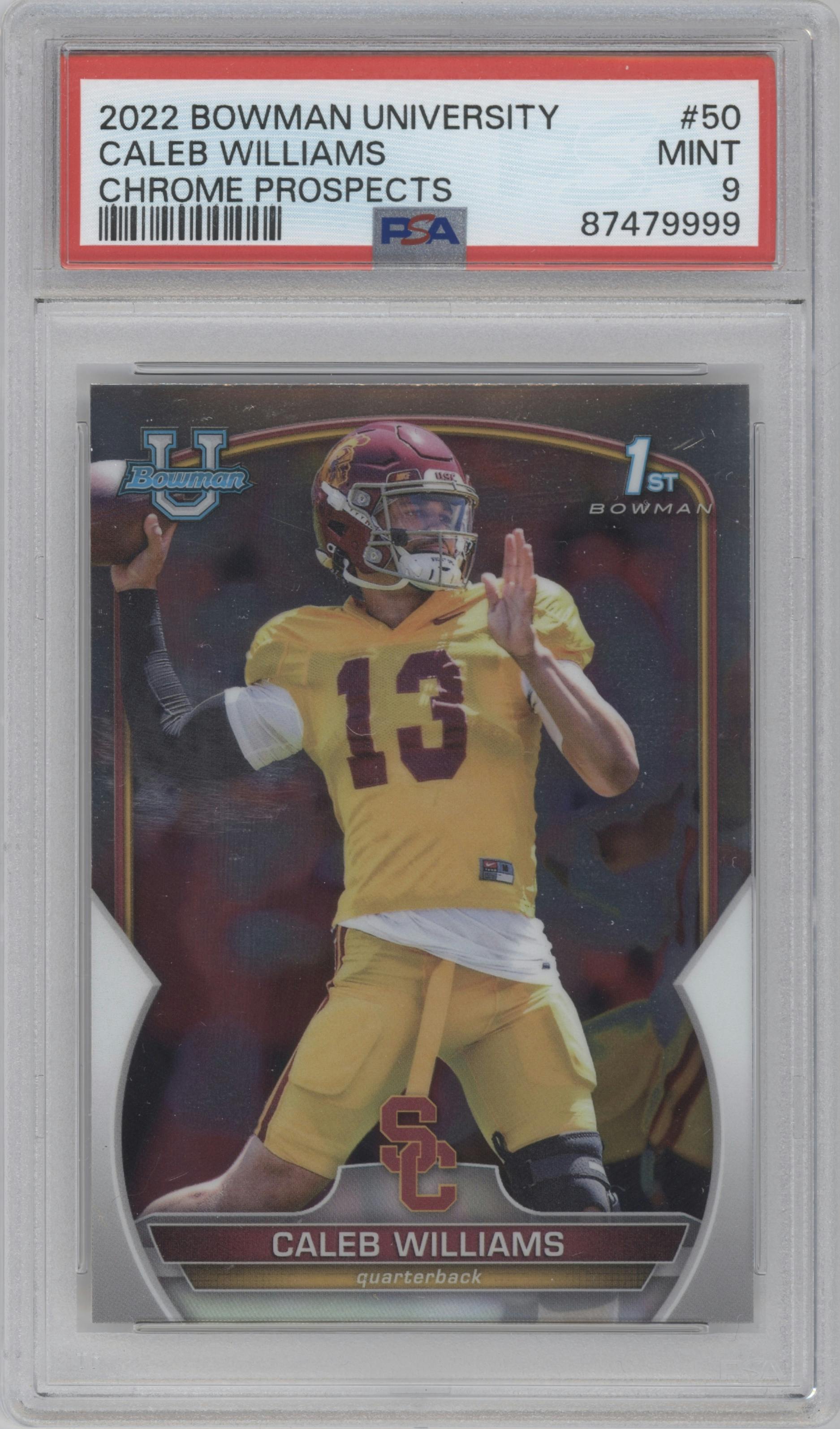 Caleb Williams from the 2022 Bowman University Chrome set graded by PSA and given an overall grade of 9.