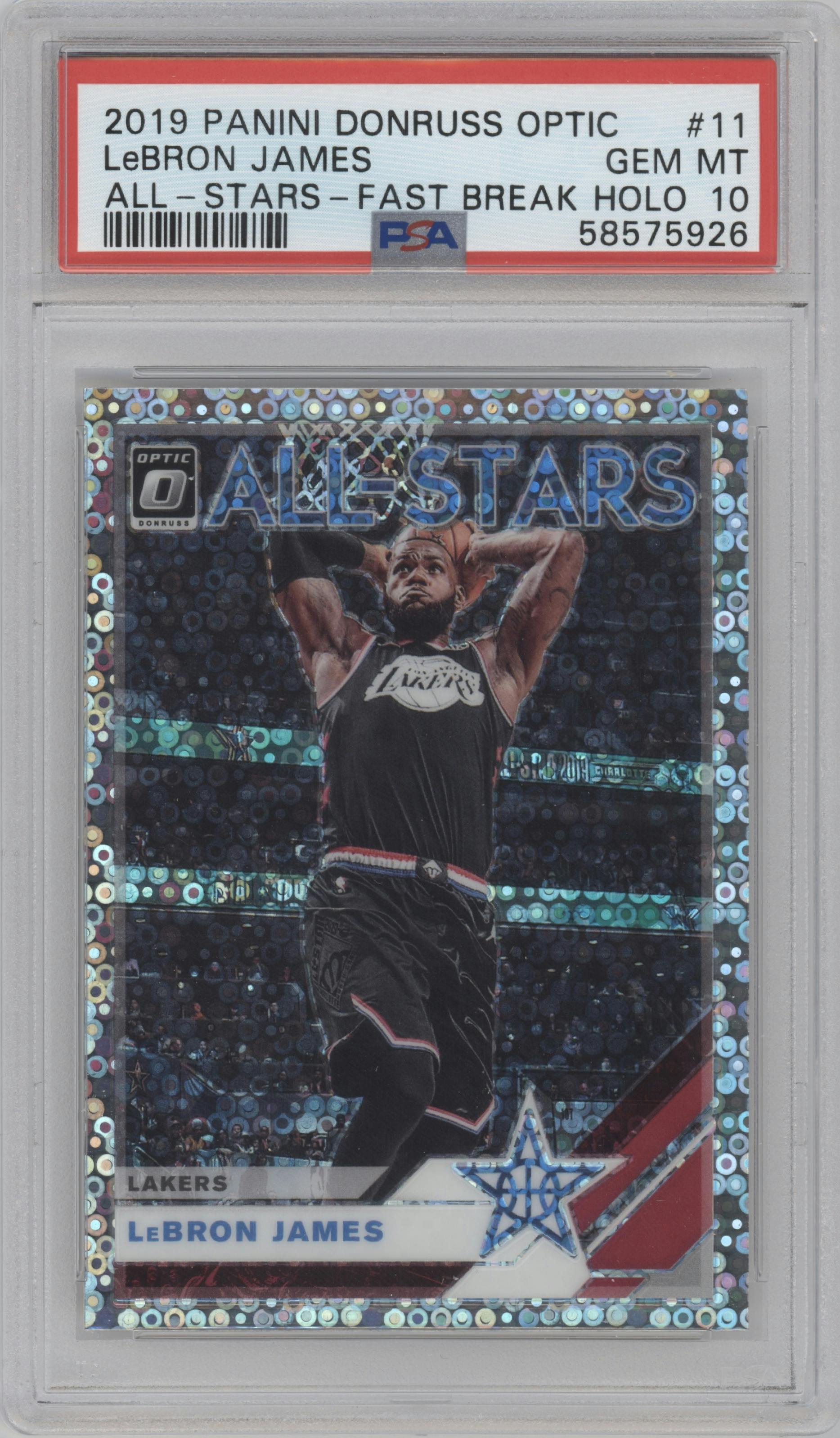 LeBron James from the 2019-20 Panini Donruss Optic set featuring a Fast Break Holo parallel graded by PSA and given an overall grade of 10.