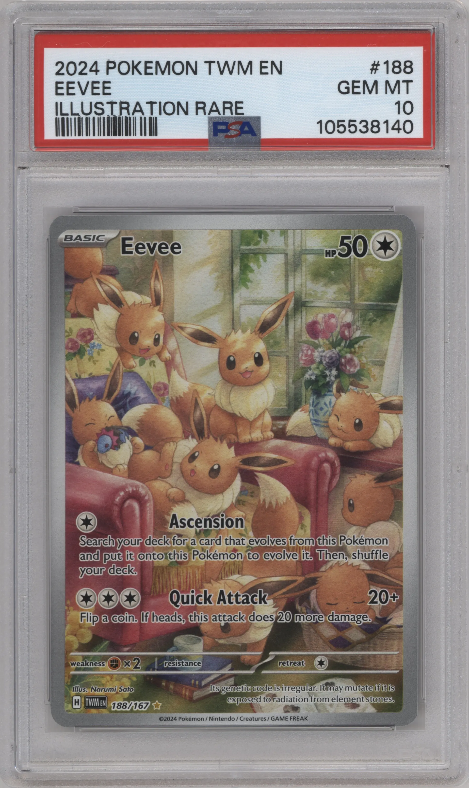 Eevee from the 2024 Pokemon SV set graded by PSA and given an overall grade of 10.