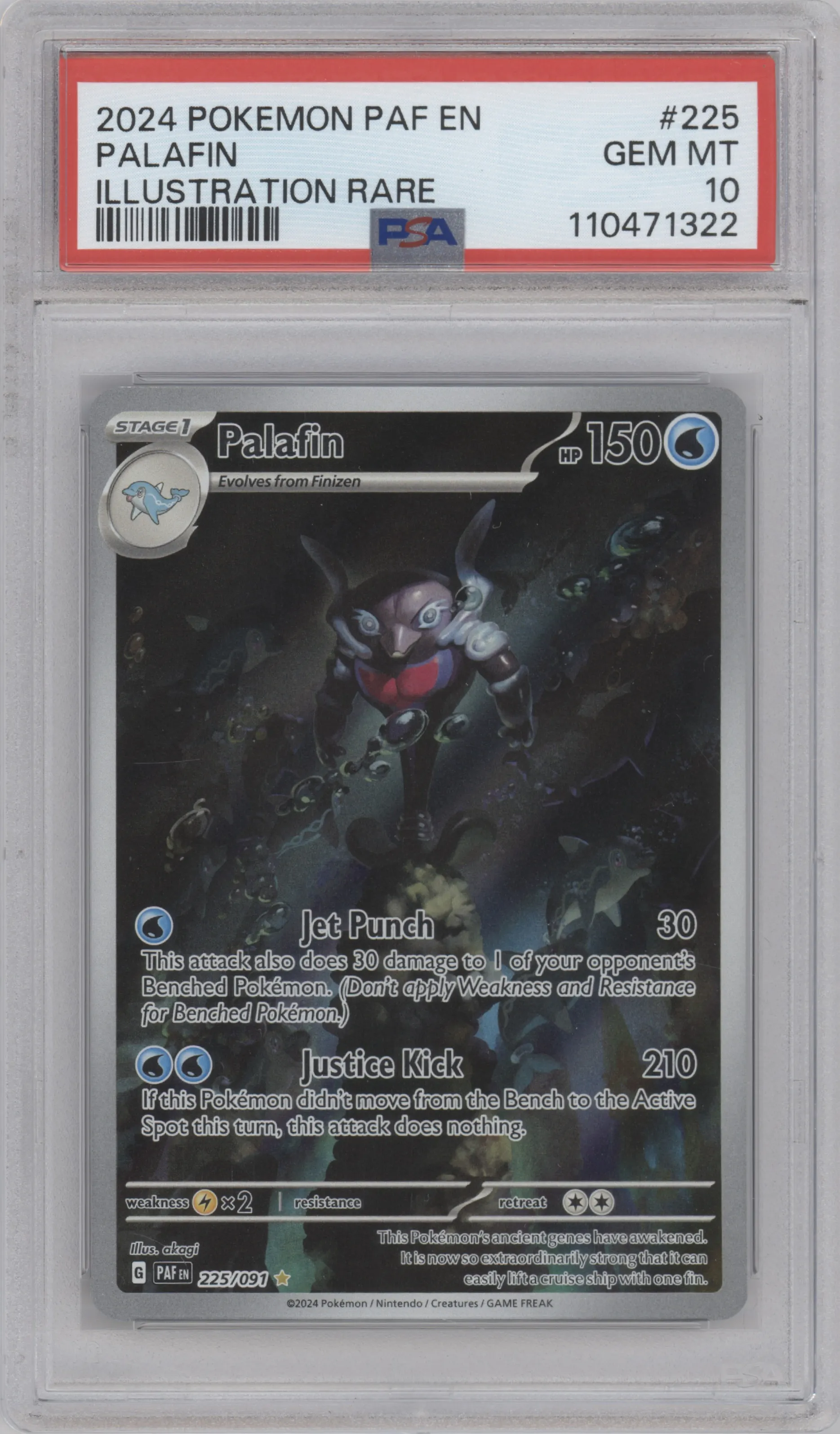 Palafin from the 2024 Pokemon SV set graded by PSA and given an overall grade of 10.