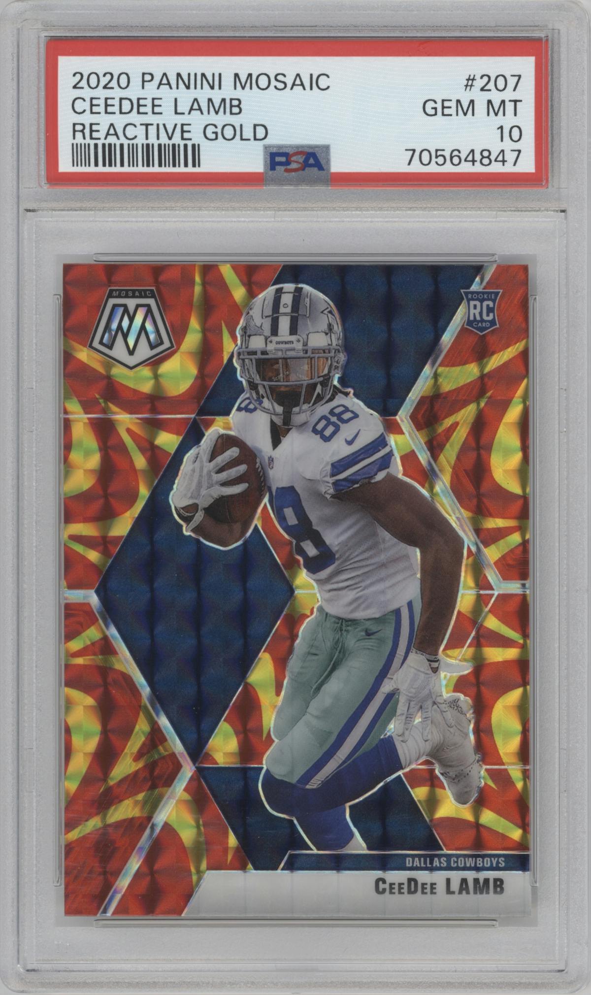 CeeDee Lamb from the 2020 Panini Mosaic set featuring a Reactive Gold parallel graded by PSA and given an overall grade of 10.