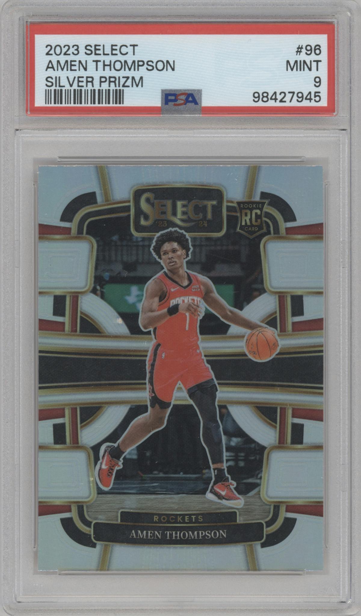 Amen Thompson from the 2023-24 Panini Select  set featuring a Silver Prizm parallel graded by PSA and given an overall grade of 9.
