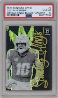 Justin Herbert from the 2024 Donruss Optic set featuring a Black Pandora  parallel graded by PSA and given an overall grade of 10.