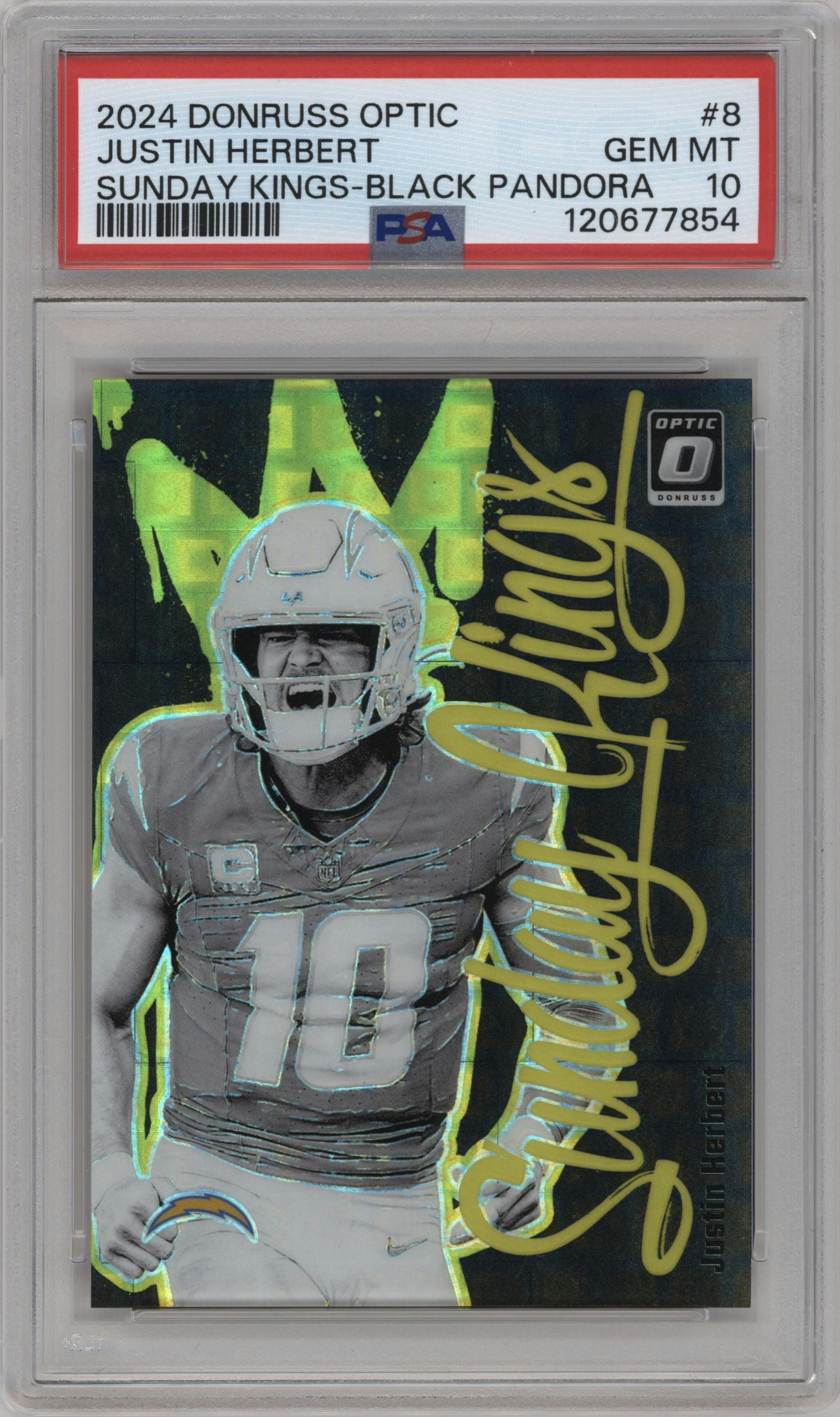 Justin Herbert from the 2024 Donruss Optic set featuring a Black Pandora  parallel graded by PSA and given an overall grade of 10.