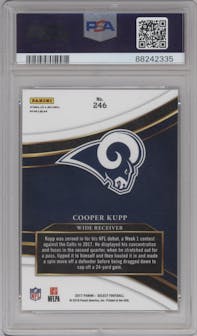 Cooper Kupp from the 2017 Panini Select set featuring a Silver Prizm parallel graded by PSA and given an overall grade of 10.