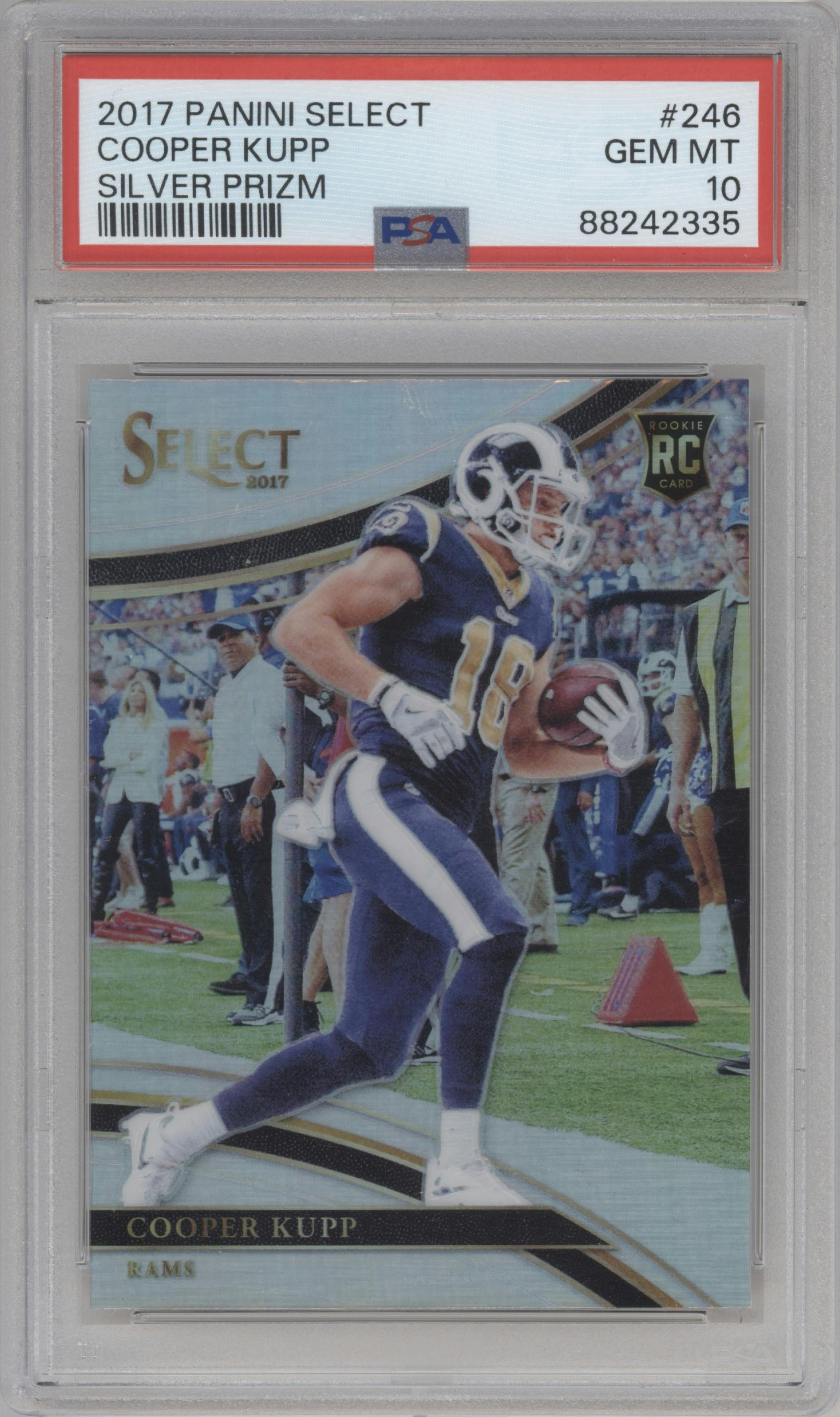 Cooper Kupp from the 2017 Panini Select set featuring a Silver Prizm parallel graded by PSA and given an overall grade of 10.